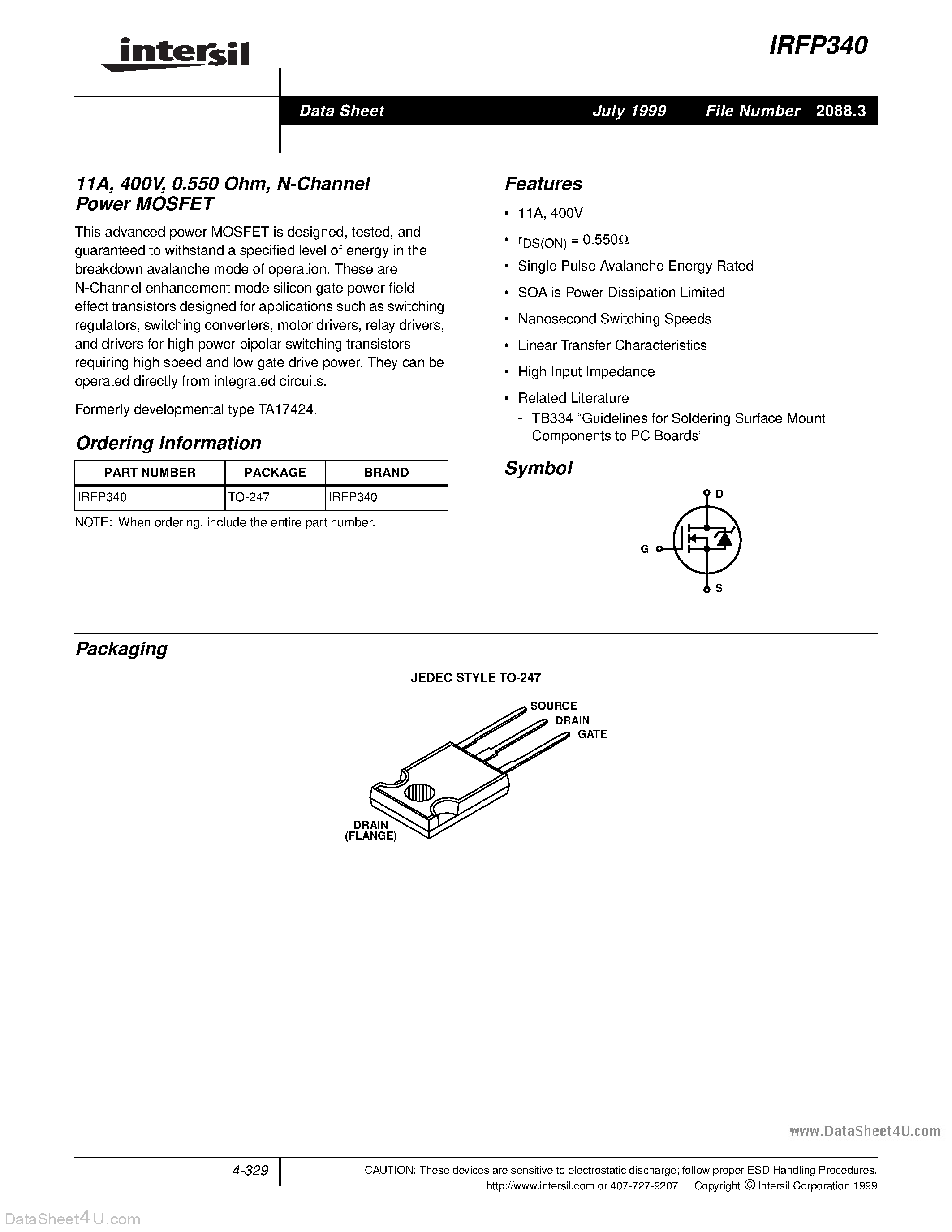 Datasheet IRFP340 - N-Channel Power MOSFET page 1