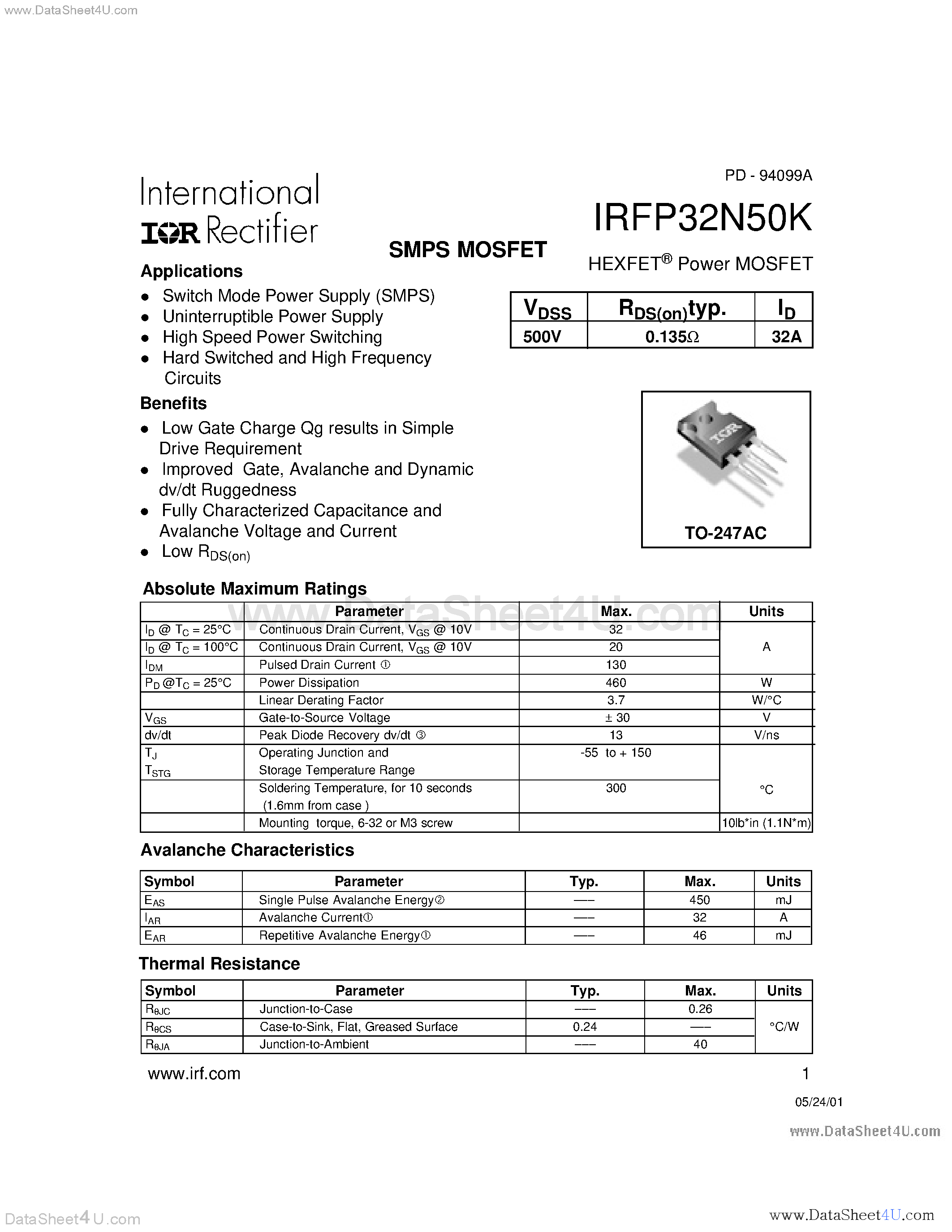 Datasheet IRFP32N50K - Power MOSFET page 1
