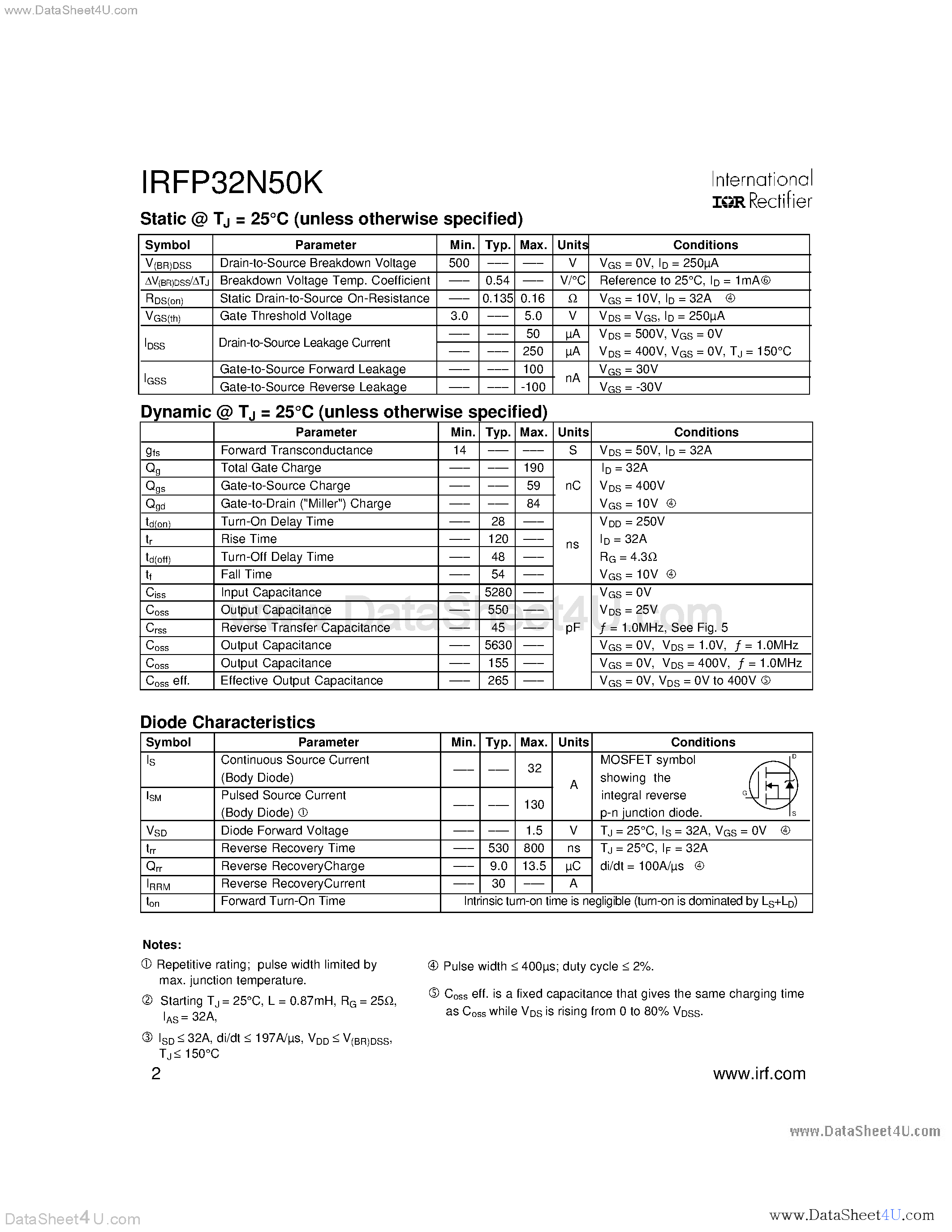 Datasheet IRFP32N50K - Power MOSFET page 2