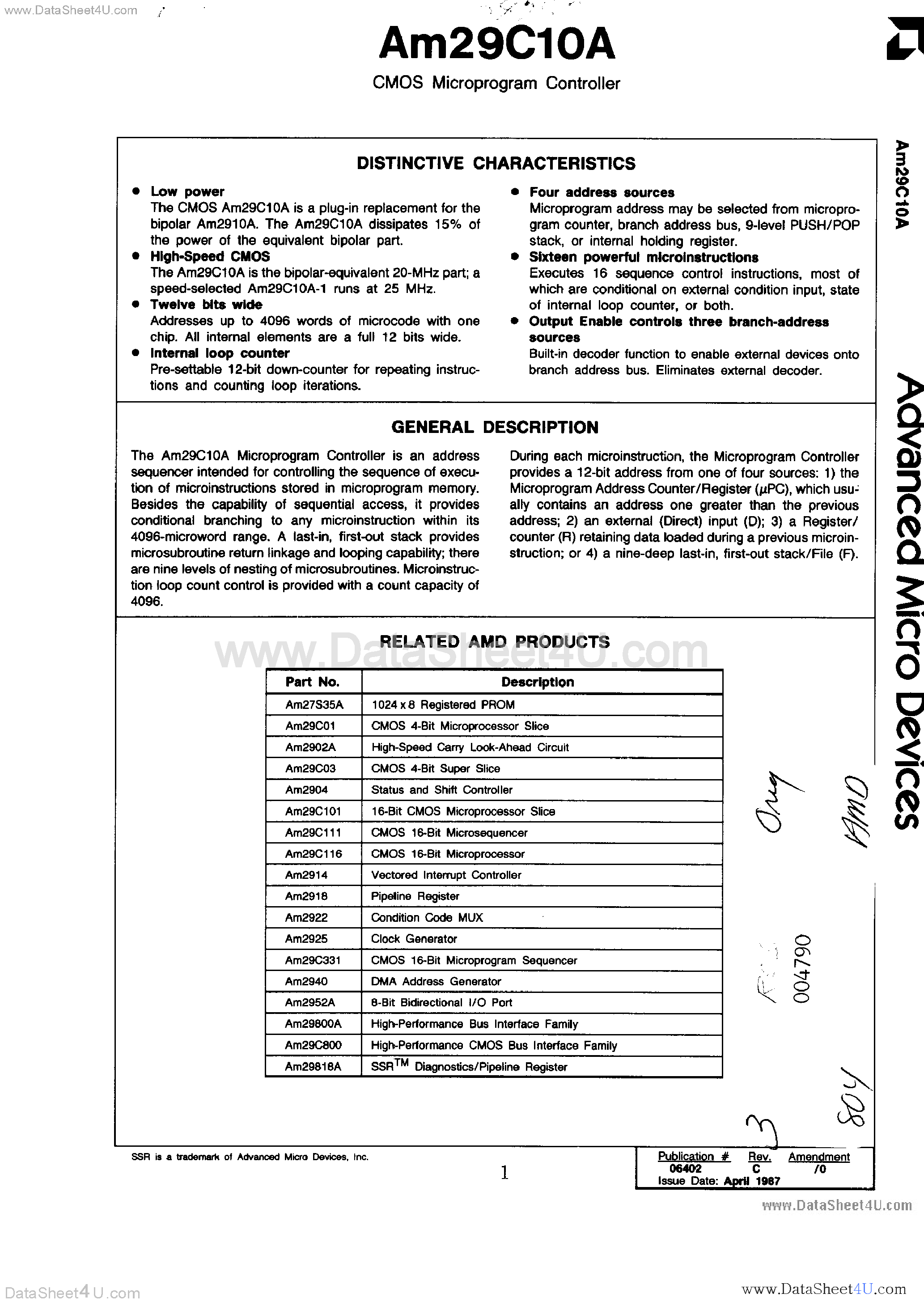 Datasheet AM29C10A - CMOS Microprogram Controller page 1