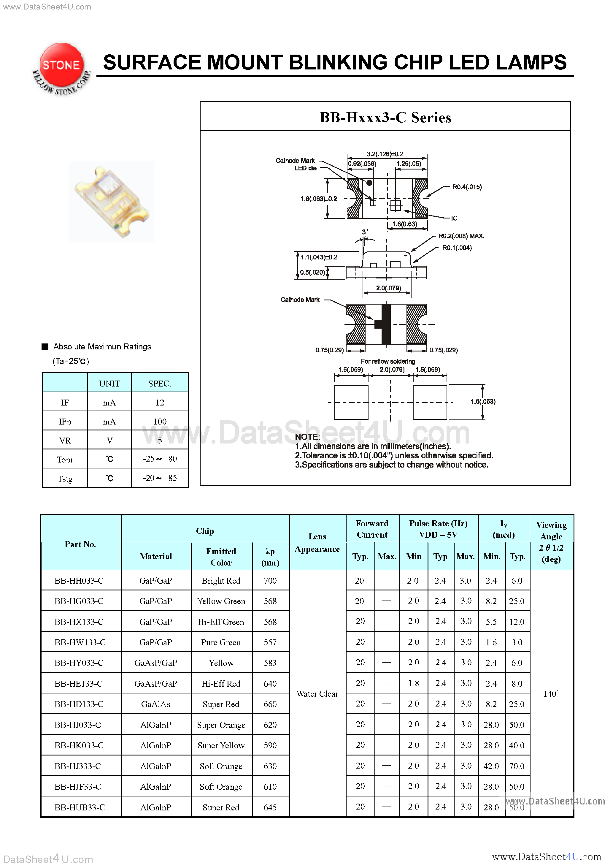 Даташит BB-HD133-C - (BB-Hxxx3-C) SURFACE MOUNT BLINKING CHIP LED LAMPS страница 1