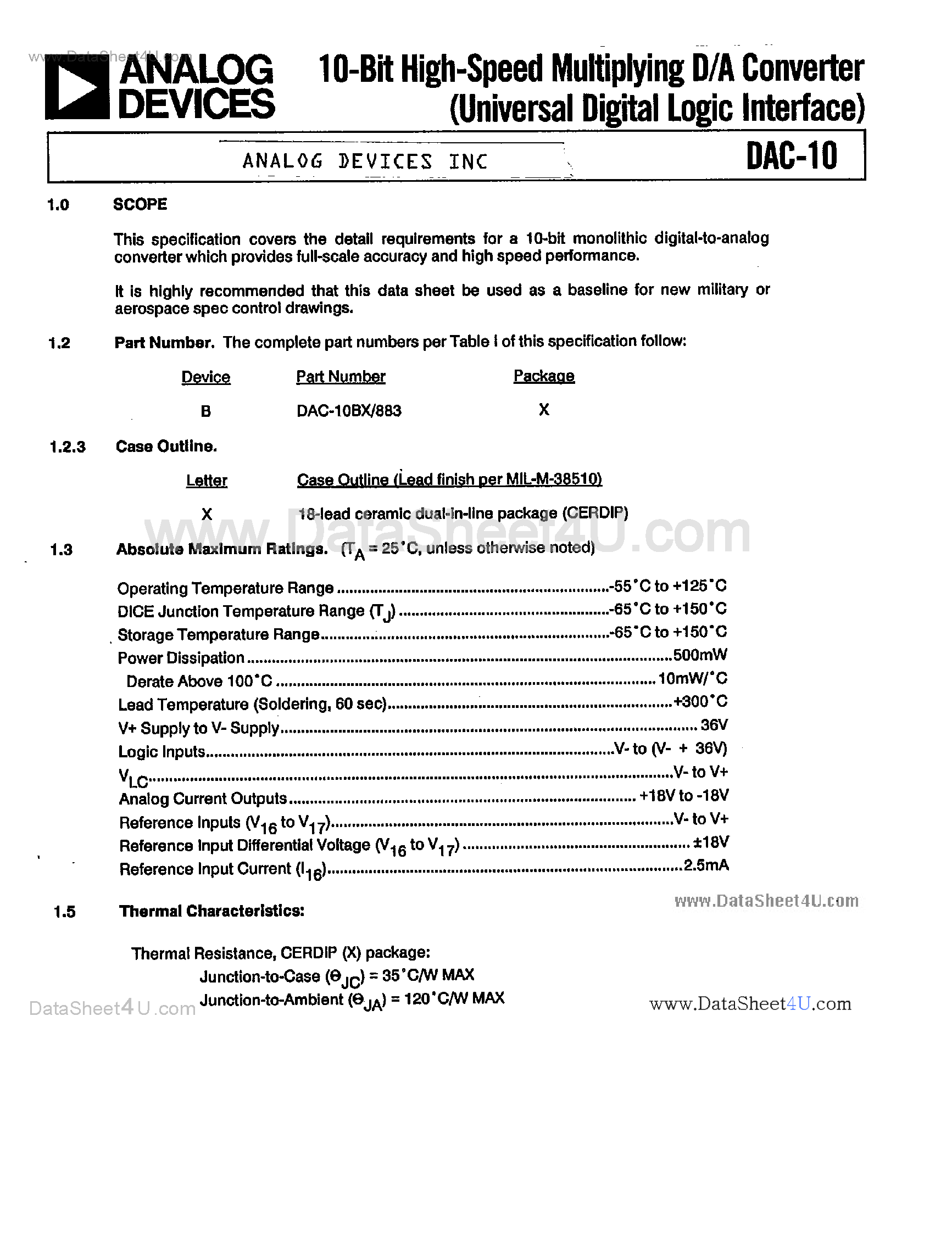 Datasheet DAC-10 page 1 Datasheet DAC-10 - 10-Bit High Speed Multiplying D/A Converter page 1