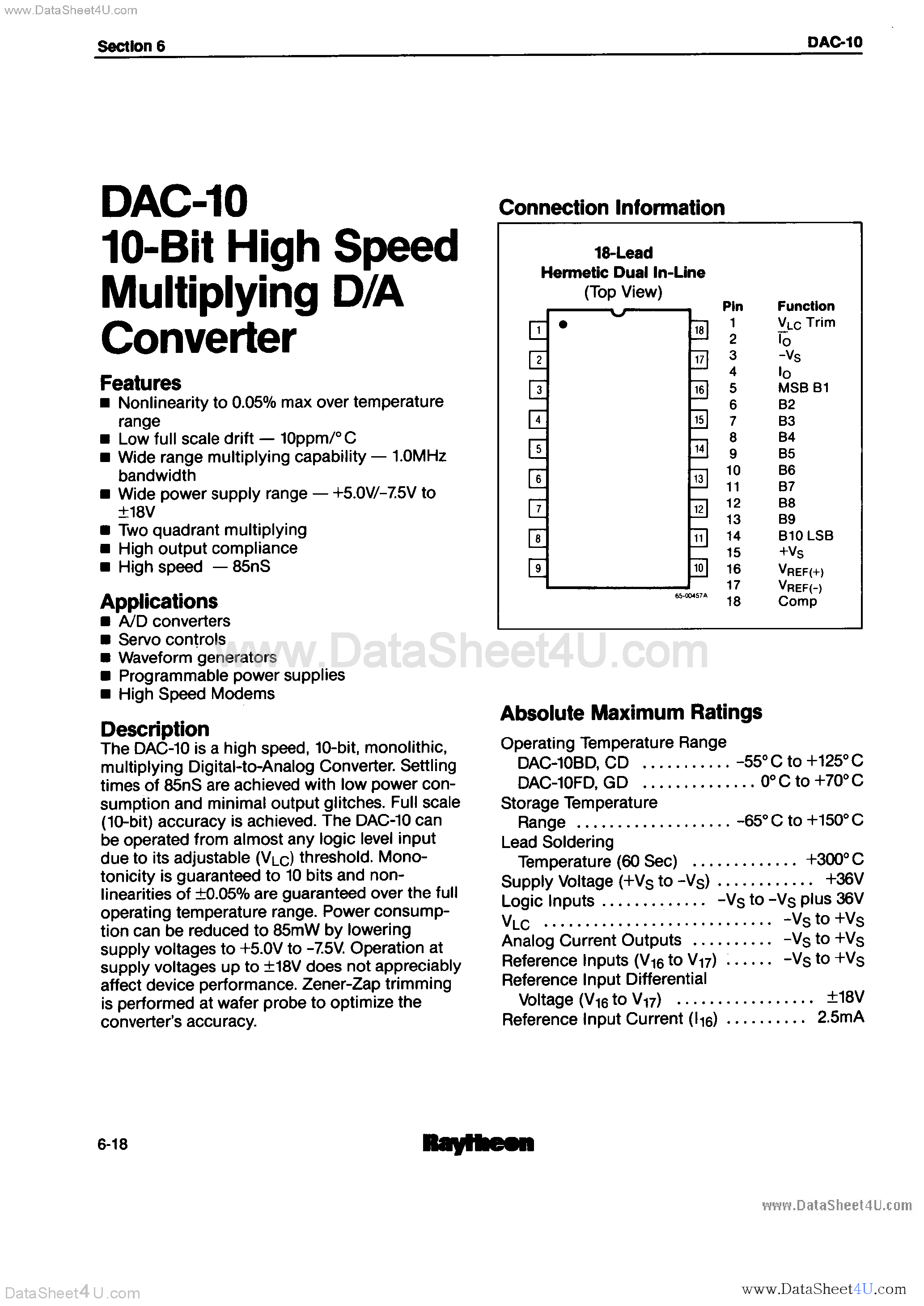 Datasheet DAC-10 page 1 Datasheet DAC-10 - 10-Bit High Speed Multiplying D/A Converter page 1