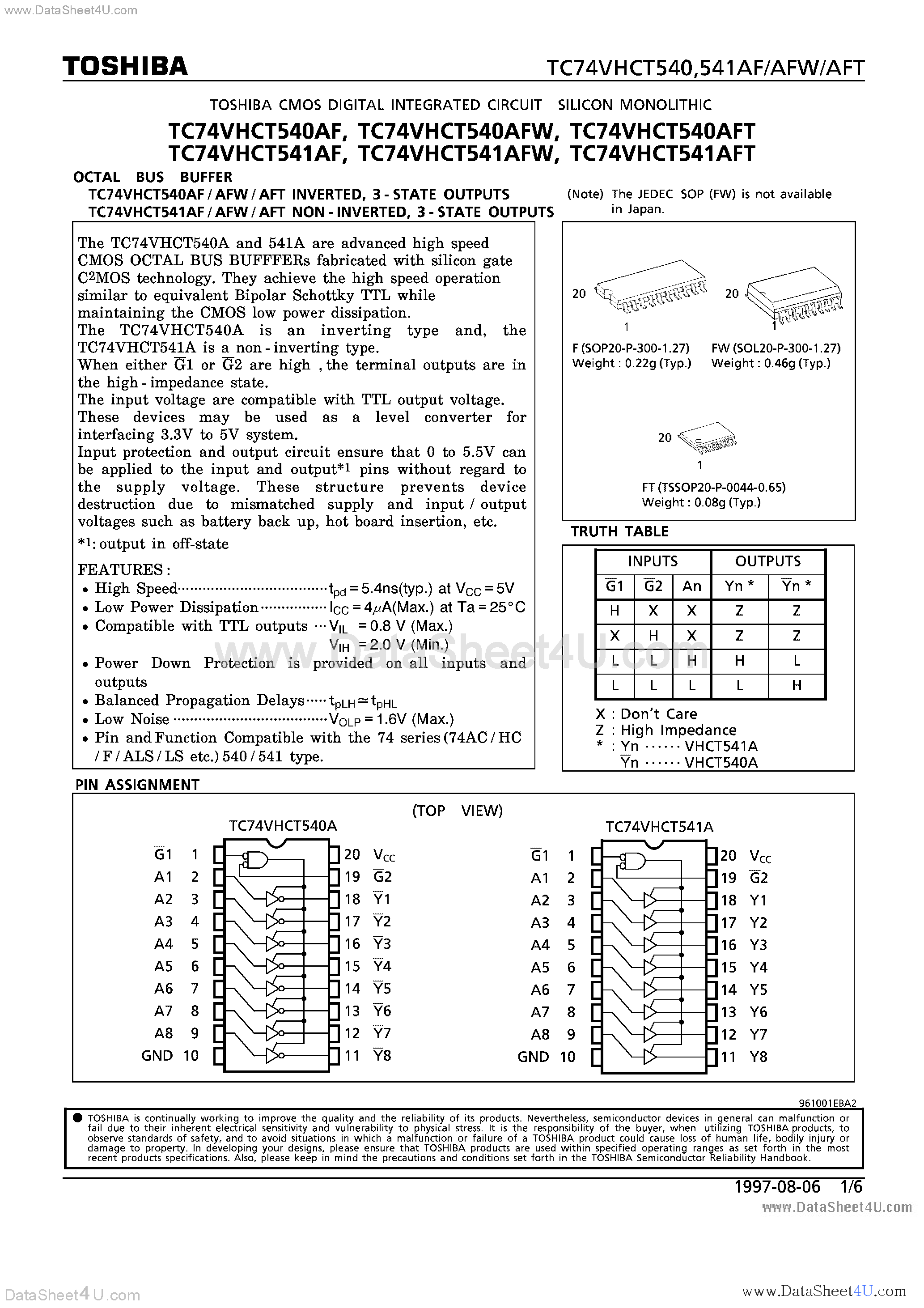 Datasheet TC74VHCT540AF - (TC74VHCT54xAFx) OCTAL BUS BUFFER / INVERTED/NON INVERTED / 3-STATE OUTPUTS page 1