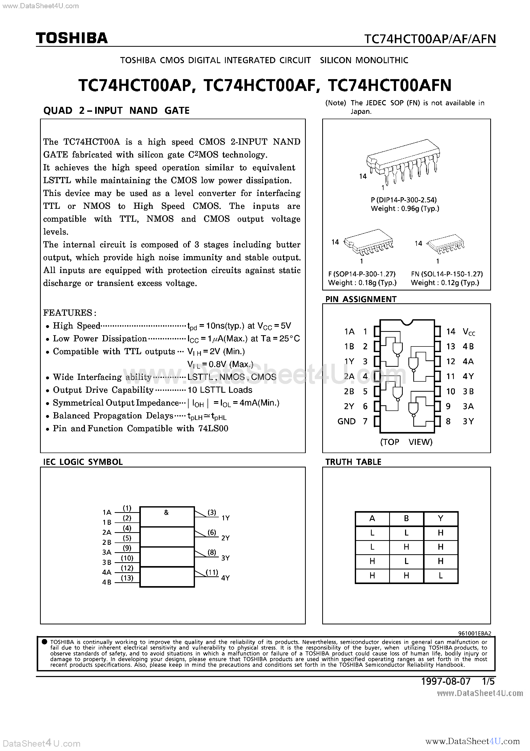 Datasheet TC74HCT00AF - (TC74HCT00Axx) QUAD 2-INPUT NAND GATE page 1
