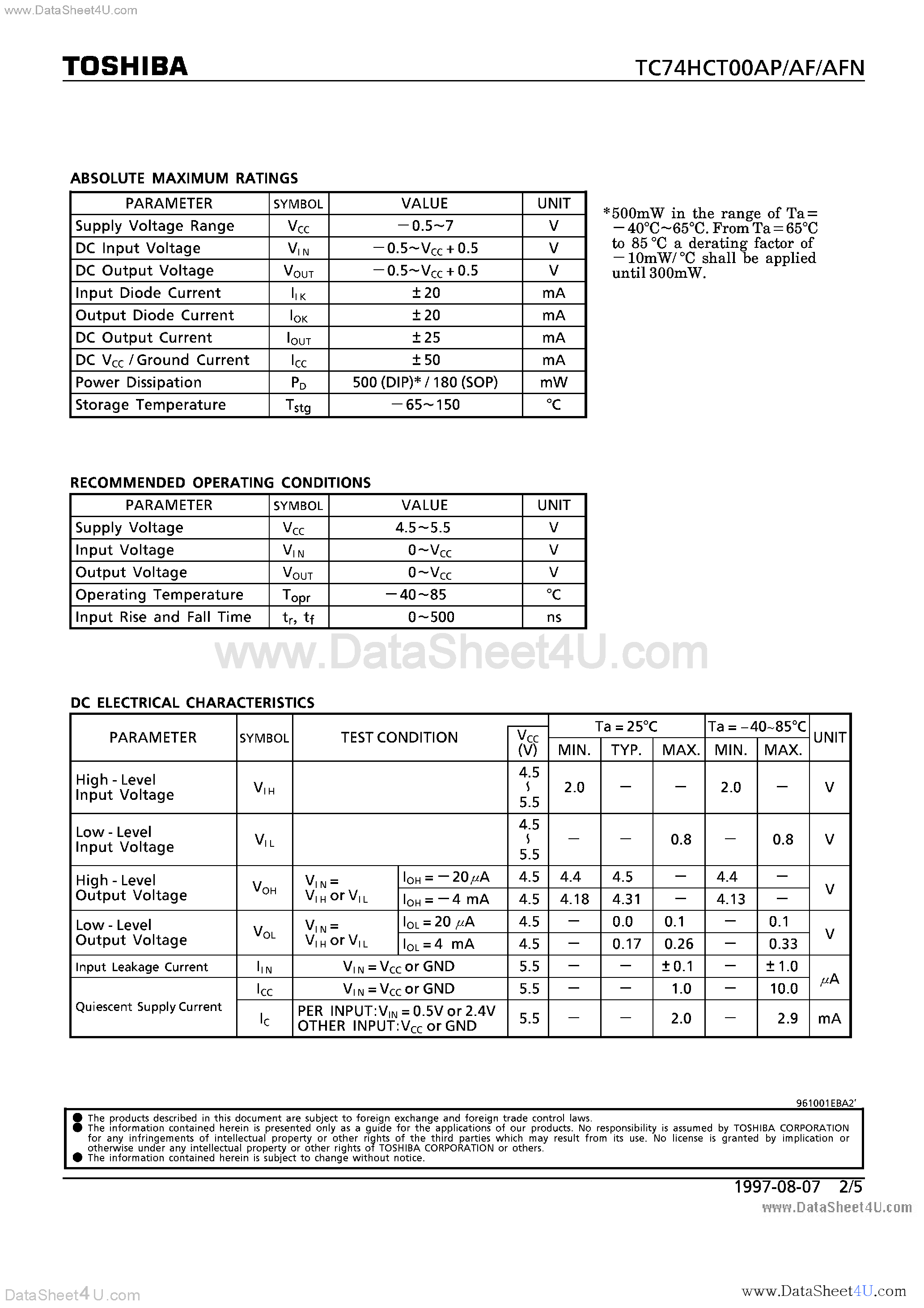 Datasheet TC74HCT00AF - (TC74HCT00Axx) QUAD 2-INPUT NAND GATE page 2