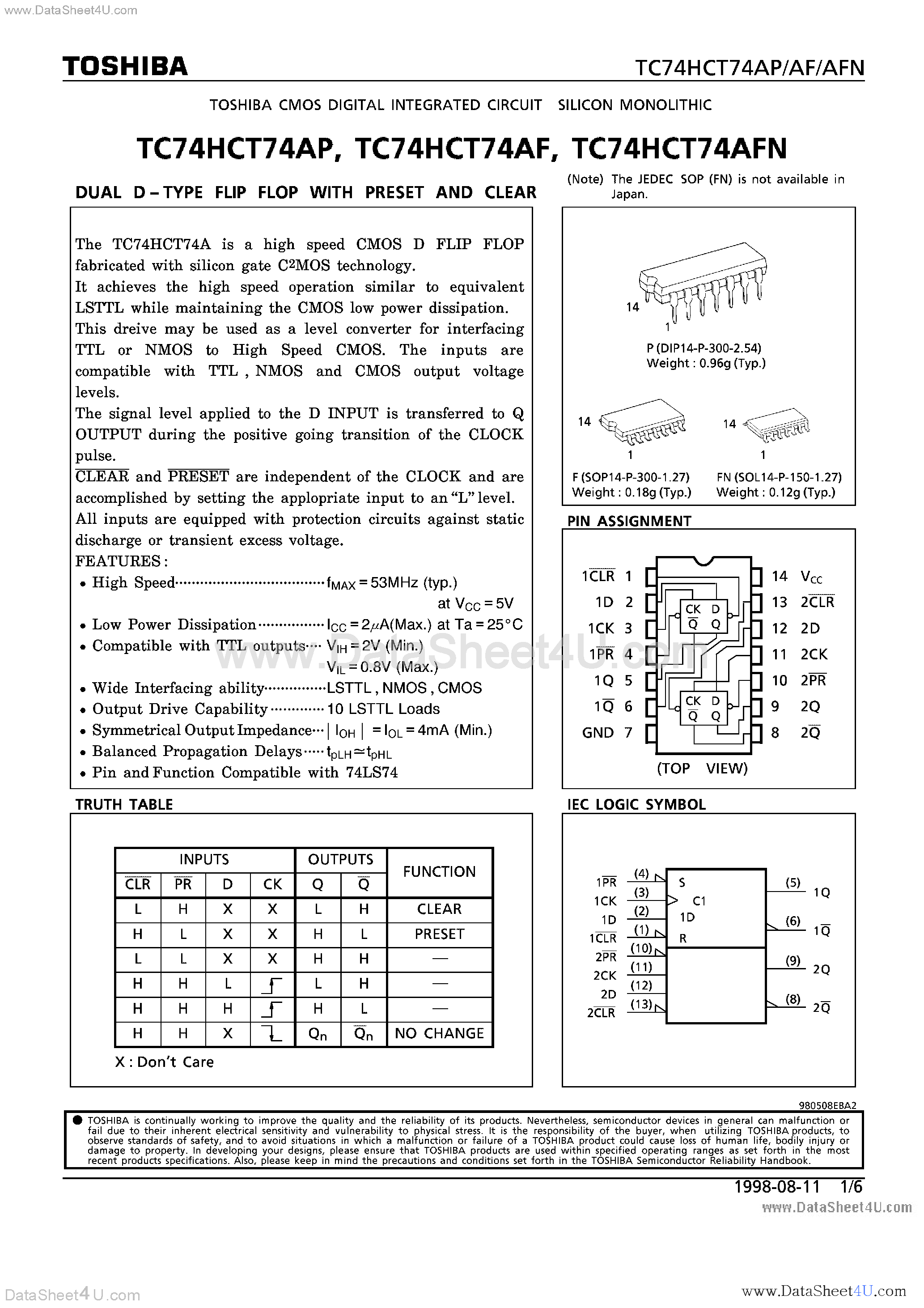 Datasheet TC74HCT74AF - (TC74HCT74Axx) DUAL D-TYPE FLIP FLOP WITH PRESET AND CLEAR page 1