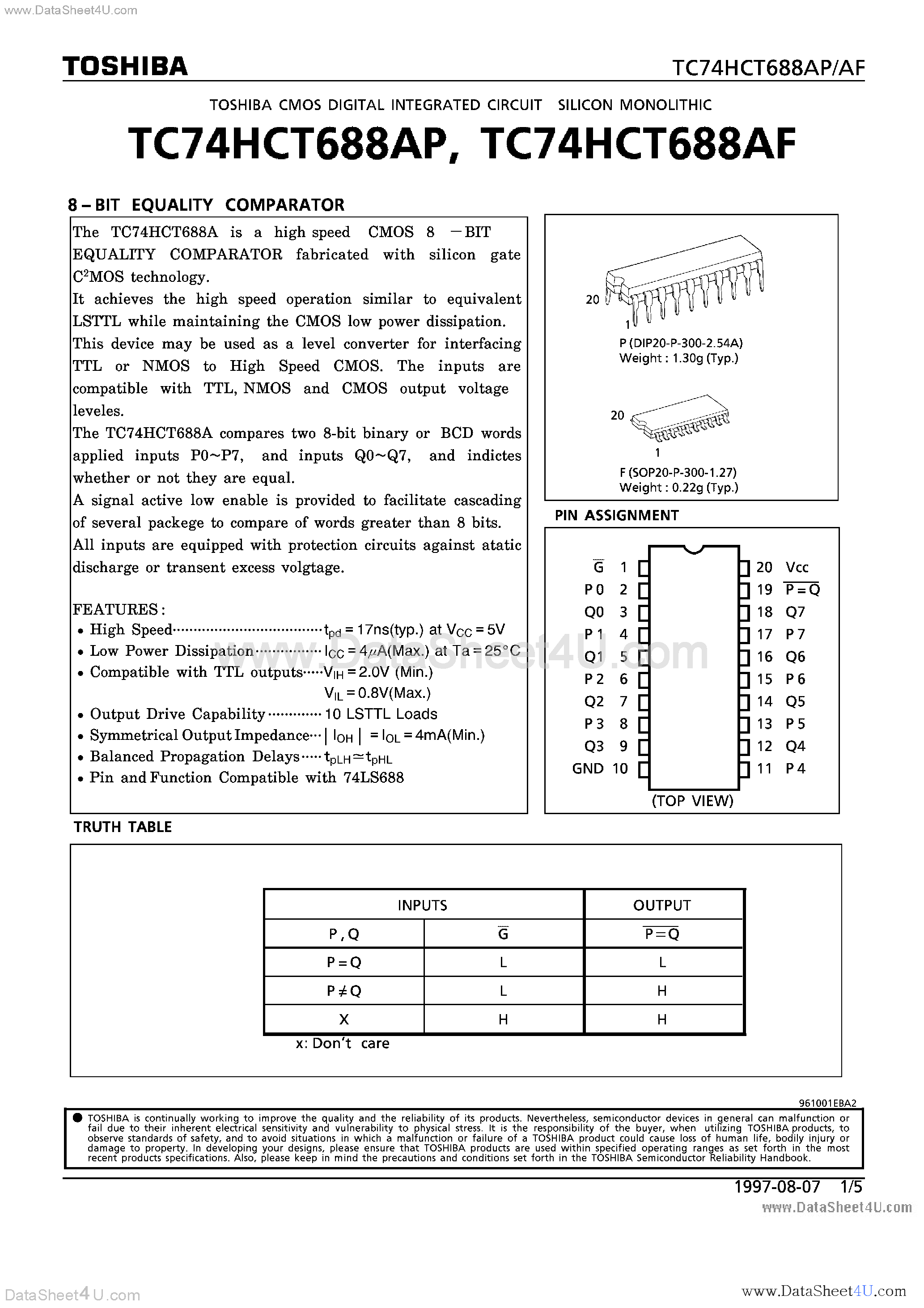 Даташит TC74HCT688AF - (TC74HCT688AF/AP) 8-BIT EQUALITY COMPARATOR страница 1