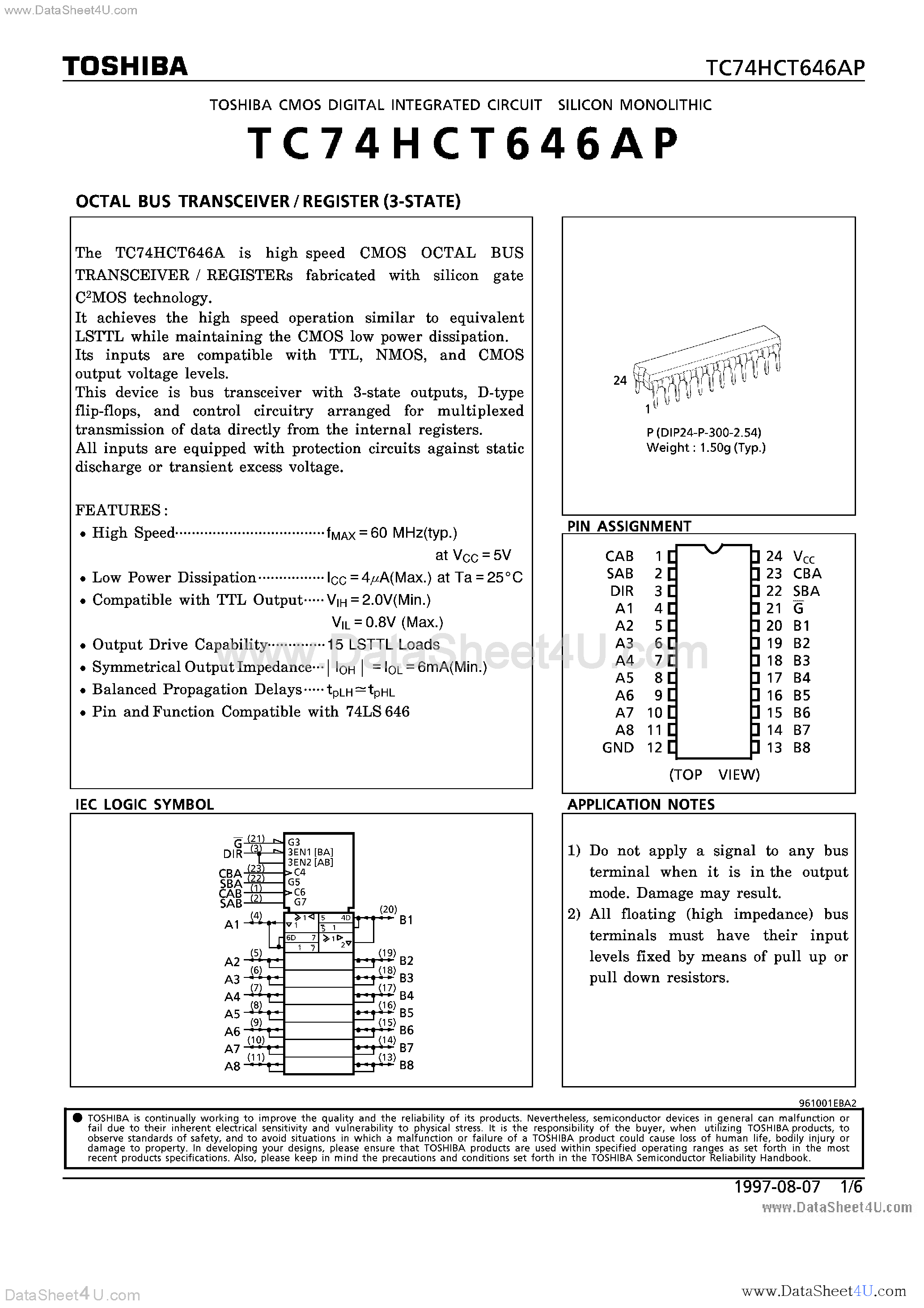 Datasheet TC74HCT646AP - OCTAL BUS TRANSCEIVER/REGISTER(3-STATE) page 1