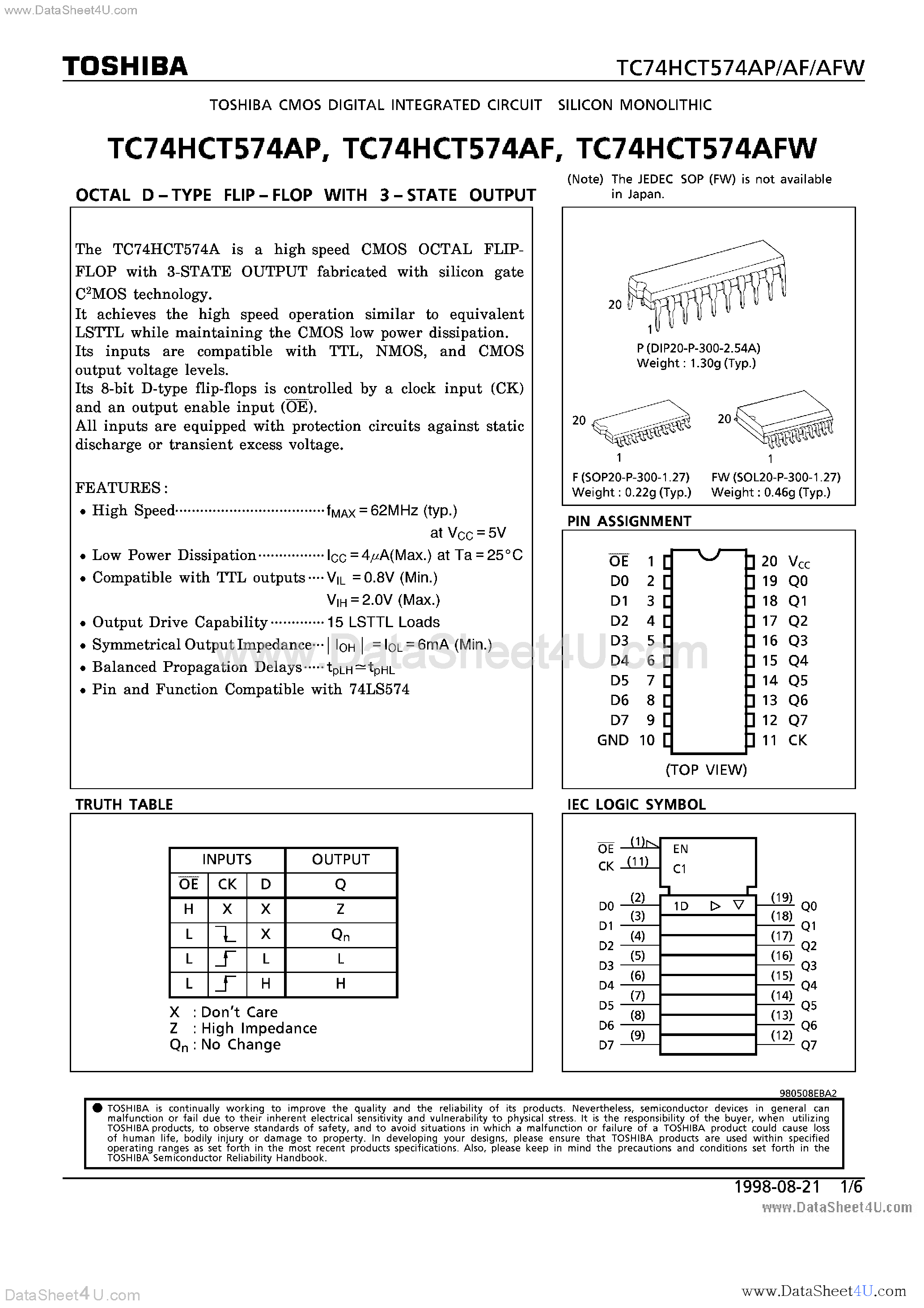 Datasheet TC74HCT574AF page 1 Datasheet TC74HCT574AF - (TC74HCT574Axx) OCTAL D-TYPE FLIP-FLOP WITH 3-STATE OUTPUT page 1