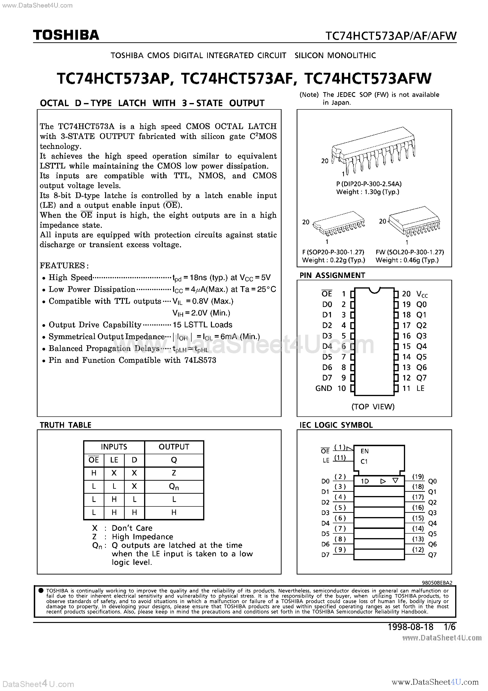 Datasheet TC74HCT573AF - (TC74HCT573Axx) OCTAL D-TYPE LATCH WITH 3-STATE OUTPUT page 1