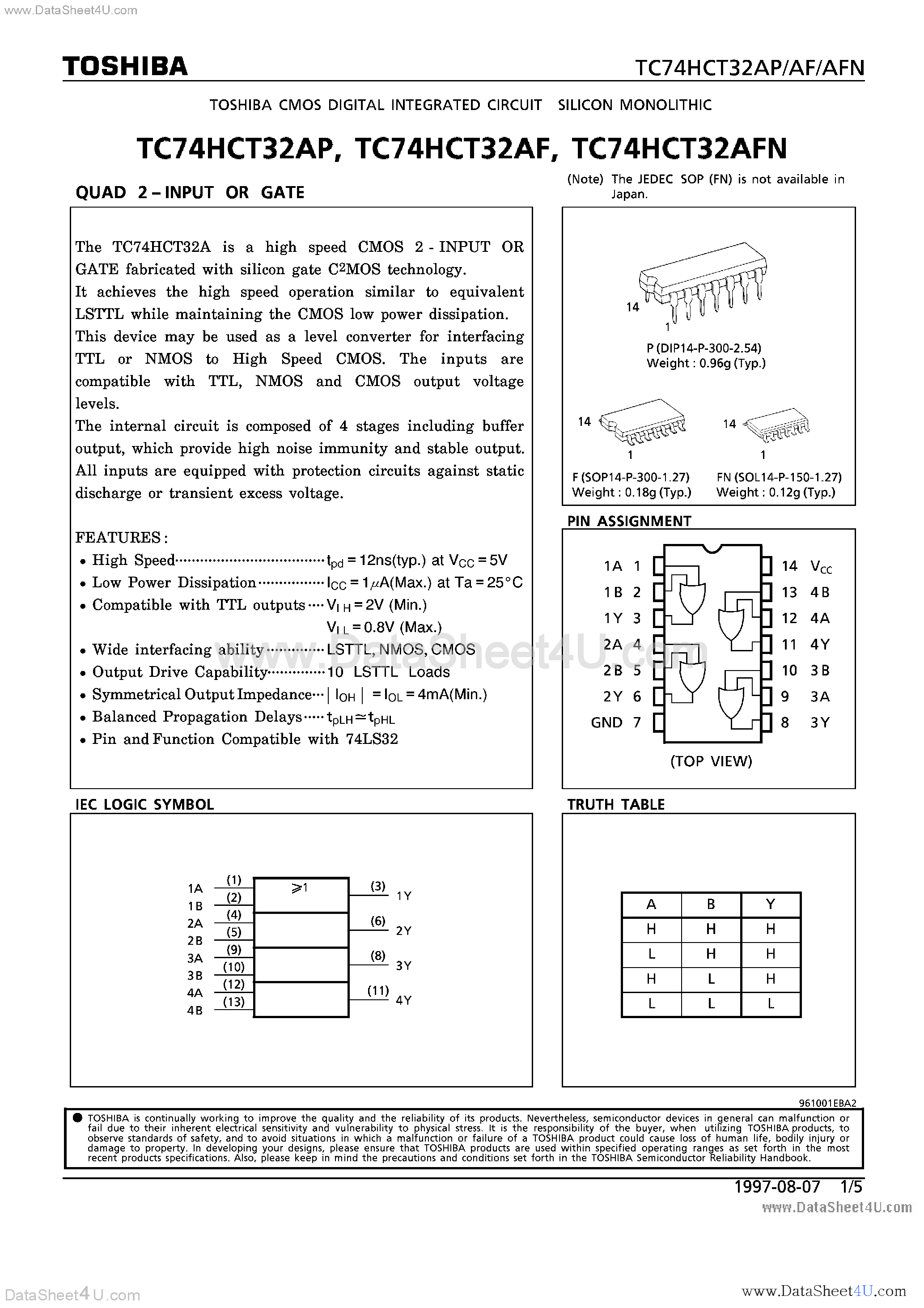 Datasheet TC74HCT32AF - (TC74HCT32Axx) QUAD 2-INPUT OR GATE page 1