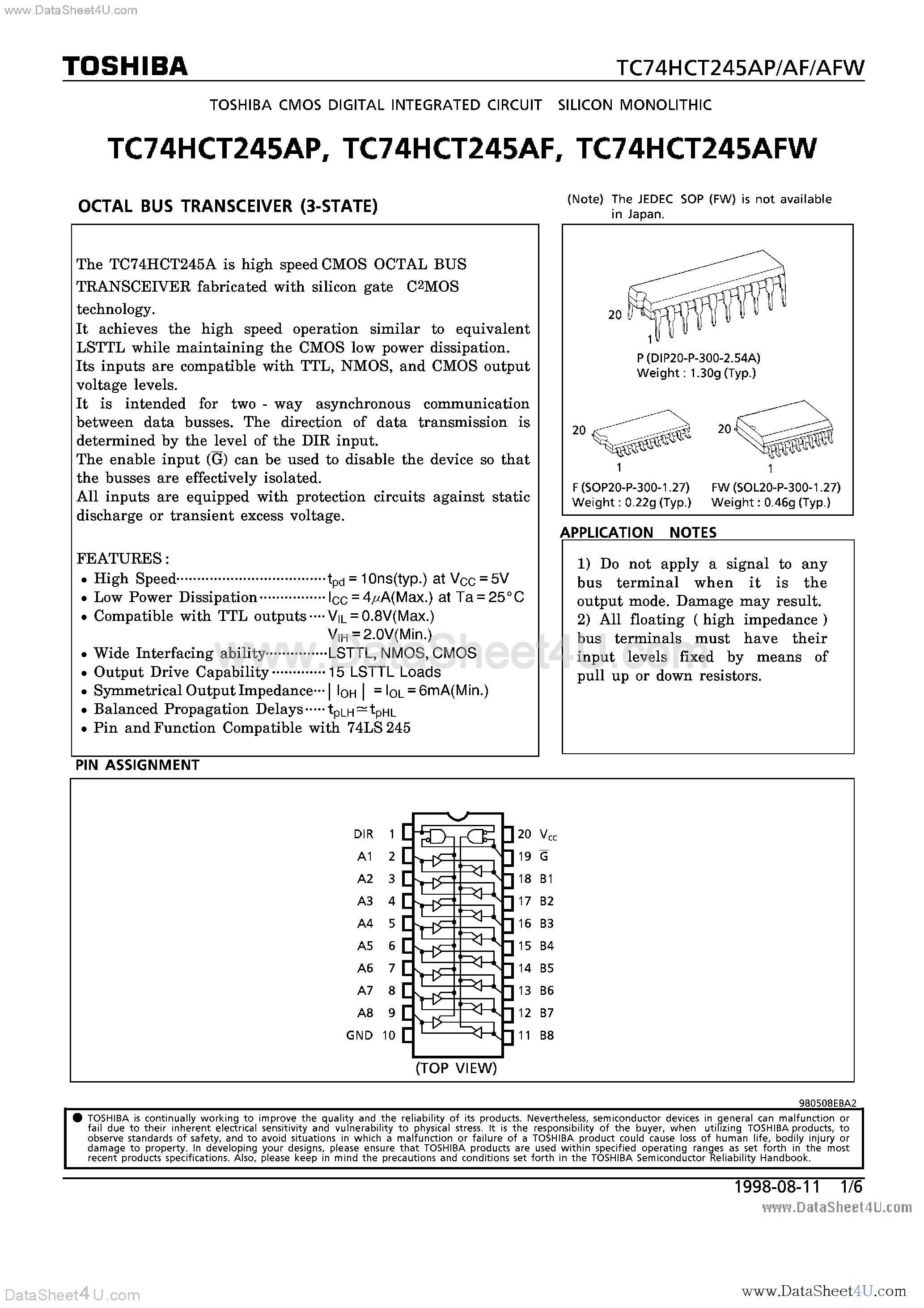 Datasheet TC74HCT245AF - (TC74HCT245Axx) OCTAL BUS TRANSCEIVER (3-STATE) page 1