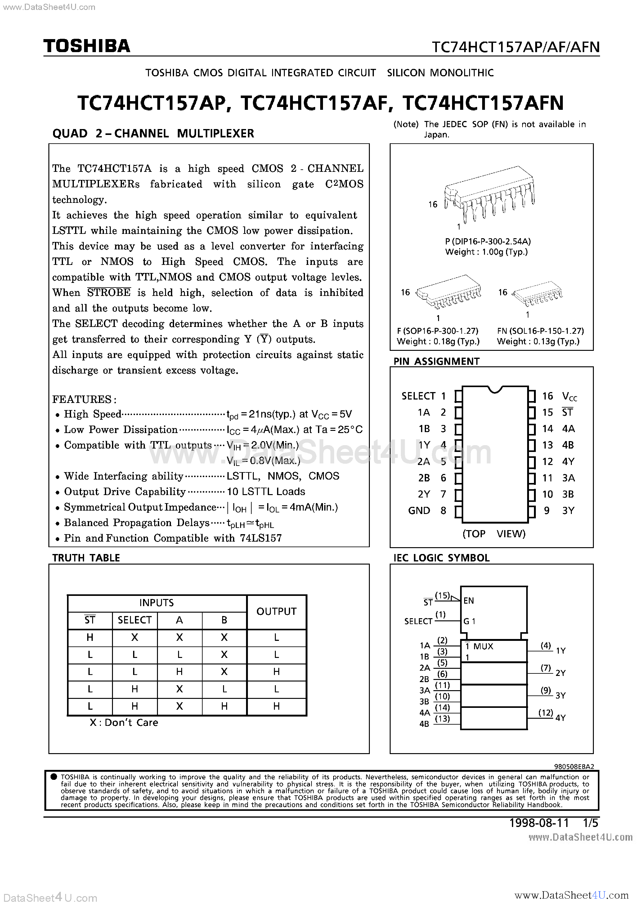 Datasheet TC74HCT157AF - (TC74HCT157Axx) QUAD 2-CHANNEL MULTPLEXER page 1