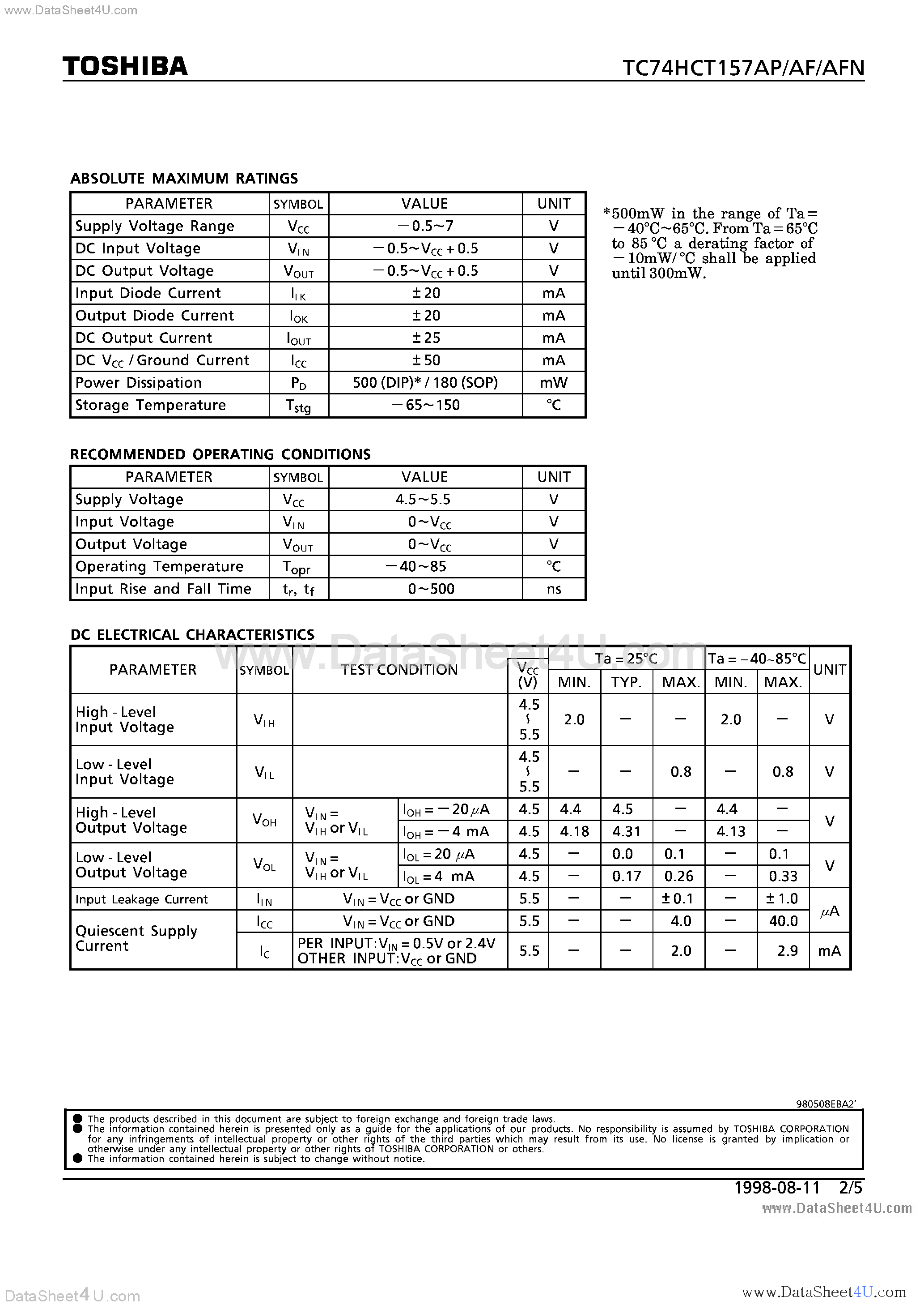 Datasheet TC74HCT157AF - (TC74HCT157Axx) QUAD 2-CHANNEL MULTPLEXER page 2