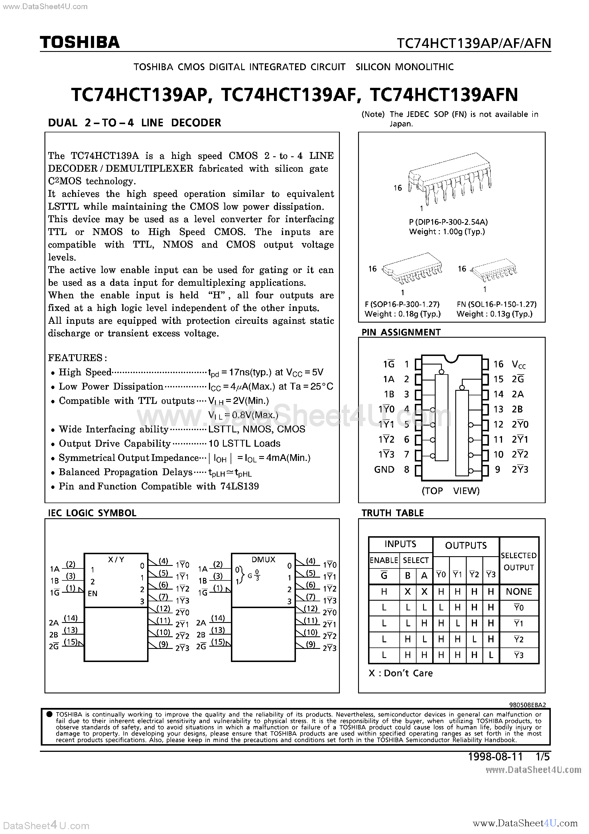 Datasheet TC74HCT139AF - (TC74HCT139Axx) DUAL 2-TO-4 LINE DECODER page 1