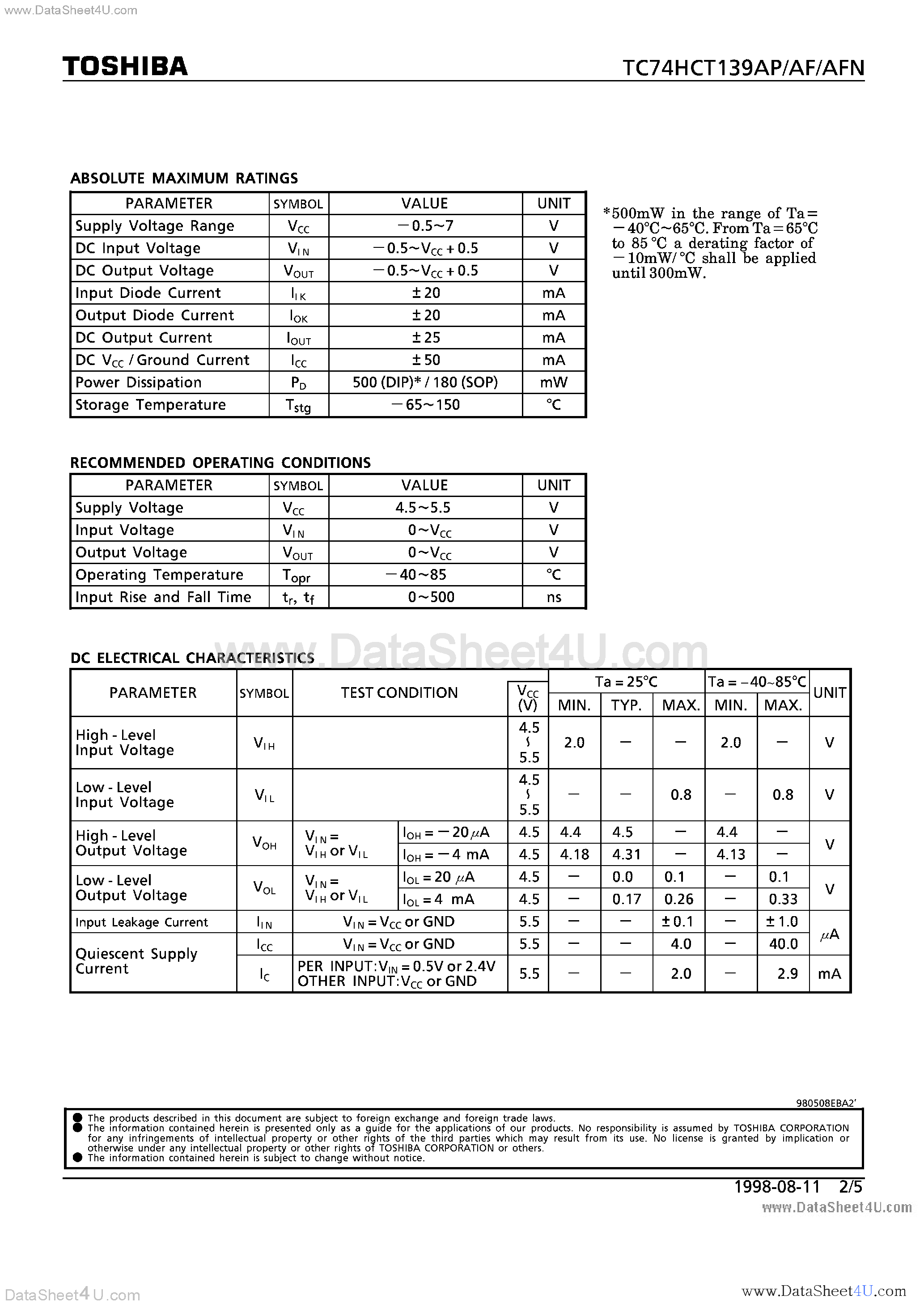 Datasheet TC74HCT139AF - (TC74HCT139Axx) DUAL 2-TO-4 LINE DECODER page 2