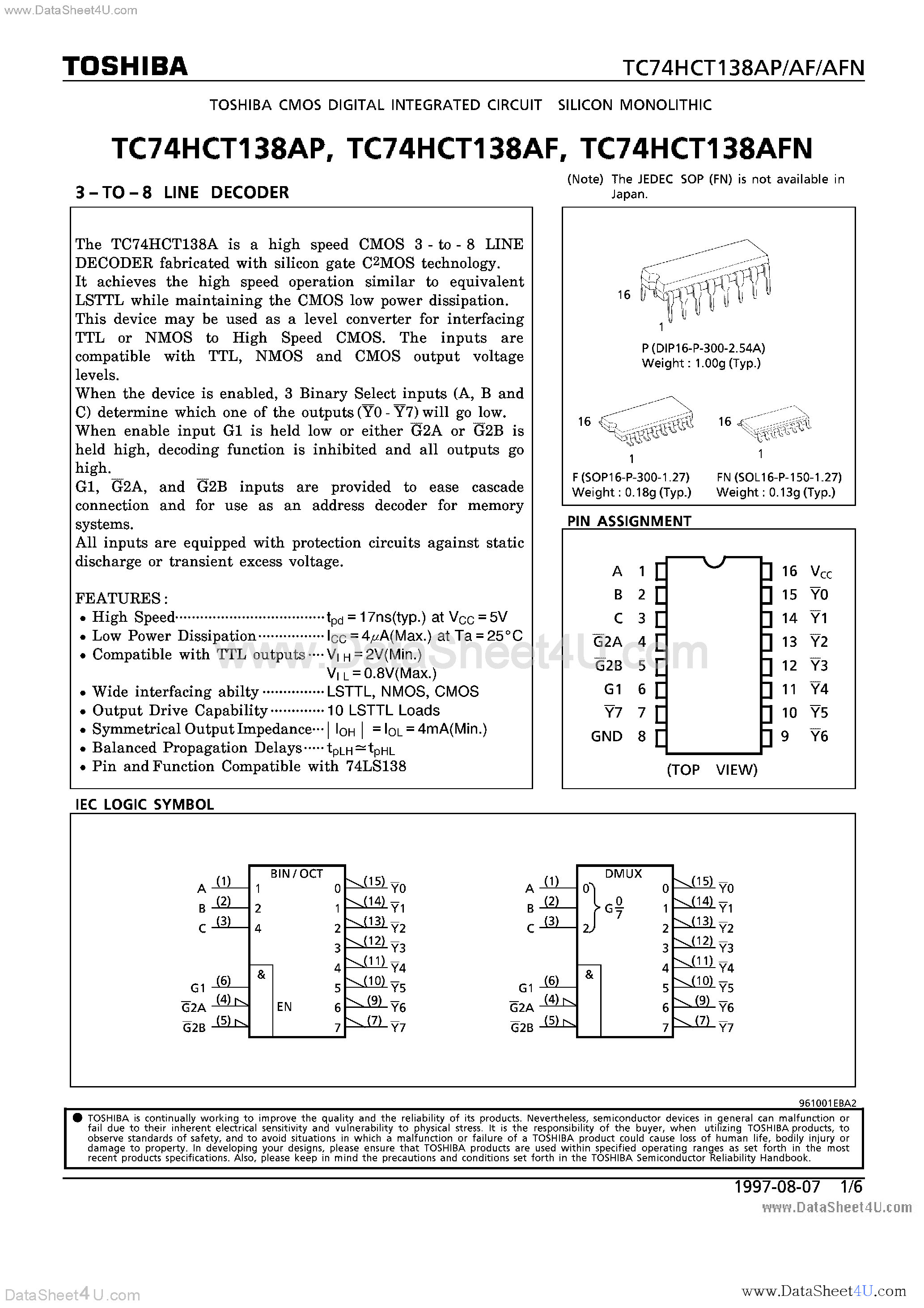 Даташит TC74HCT138AF - (TC74HCT138Axx) 3-TO-8 LINE DECODER страница 1