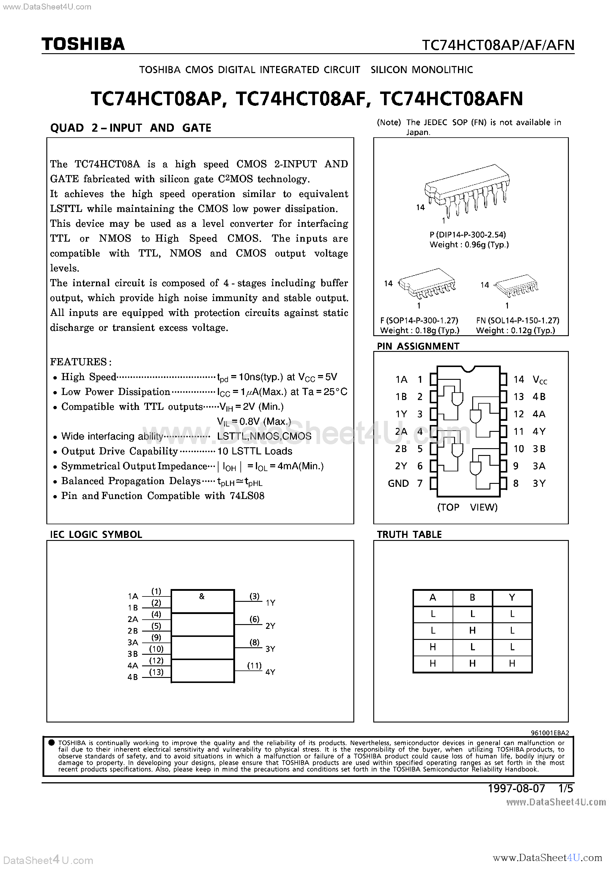 Datasheet TC74HCT08AF - (TC74HCT08Axx) QUAD 2-INPUT AND GATE page 1