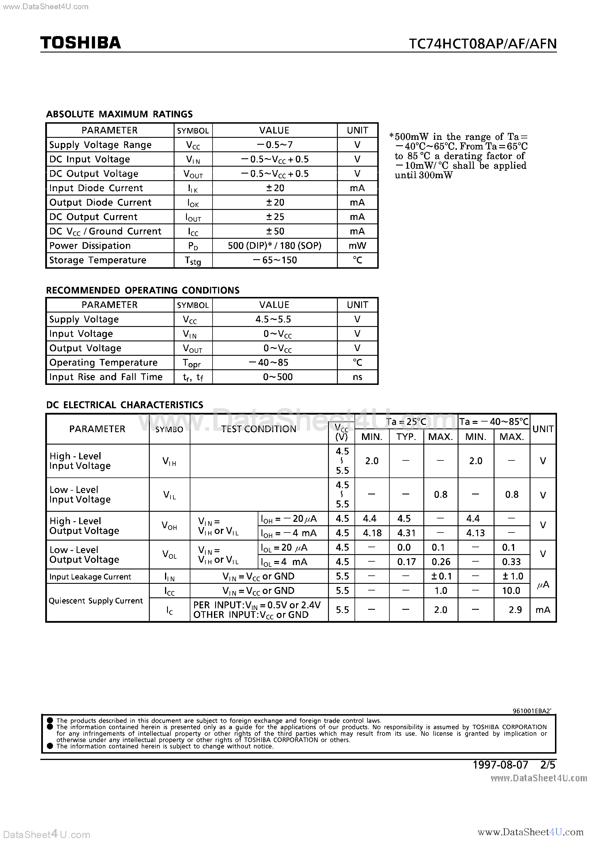 Datasheet TC74HCT08AF - (TC74HCT08Axx) QUAD 2-INPUT AND GATE page 2