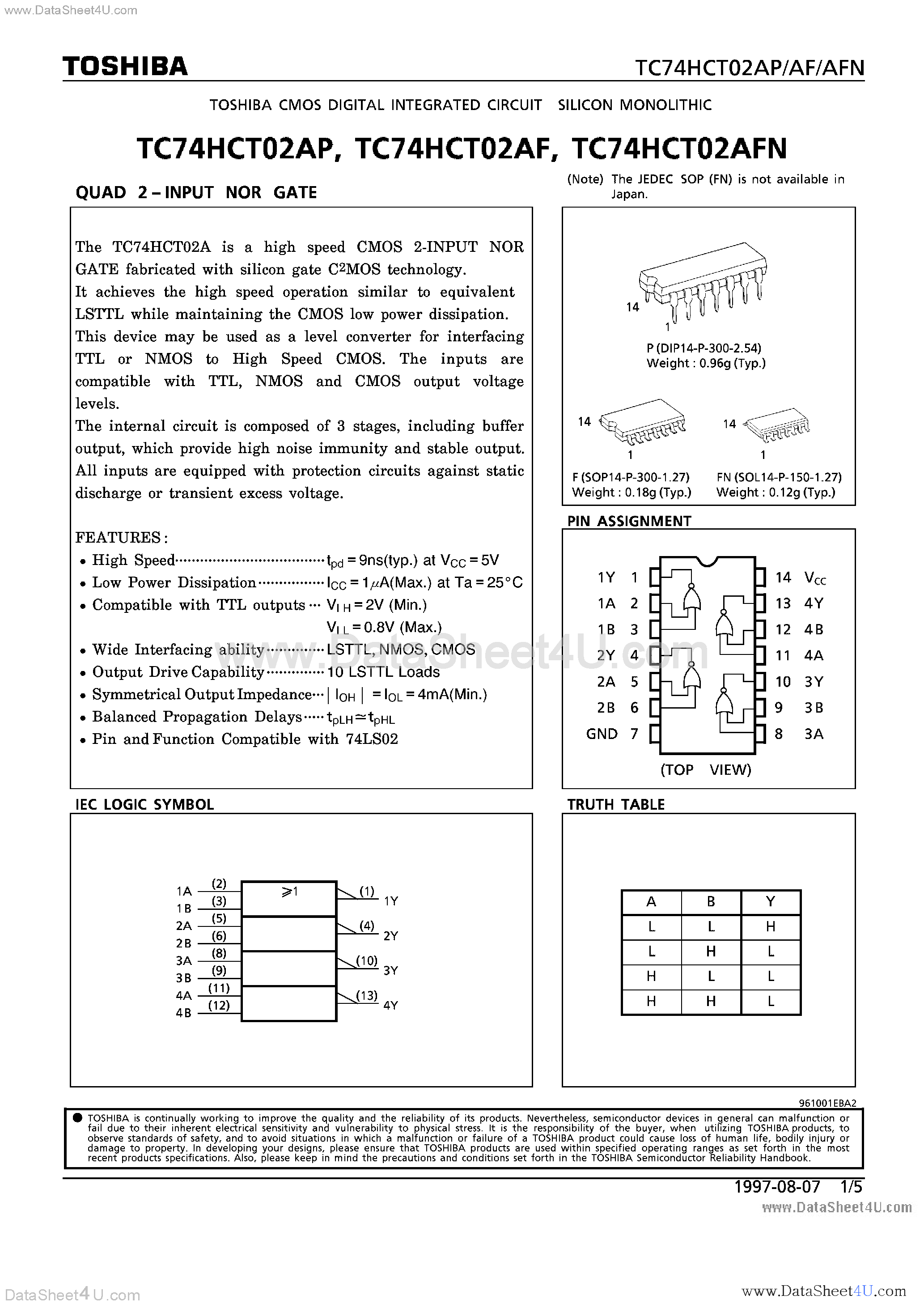 Datasheet TC74HCT02AF - (TC74HCT02Axx) QUAD 2-INPUT NOR GATE page 1