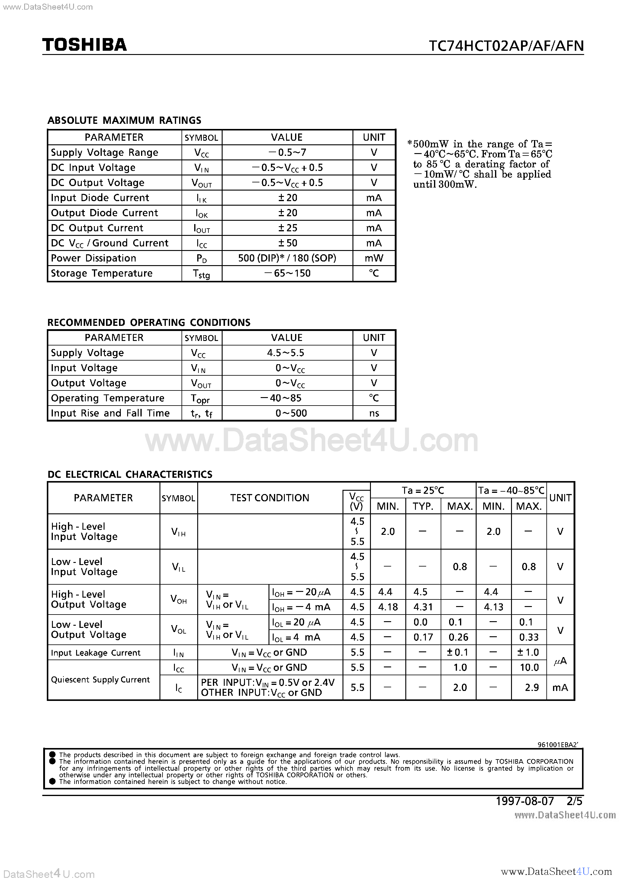 Datasheet TC74HCT02AF - (TC74HCT02Axx) QUAD 2-INPUT NOR GATE page 2