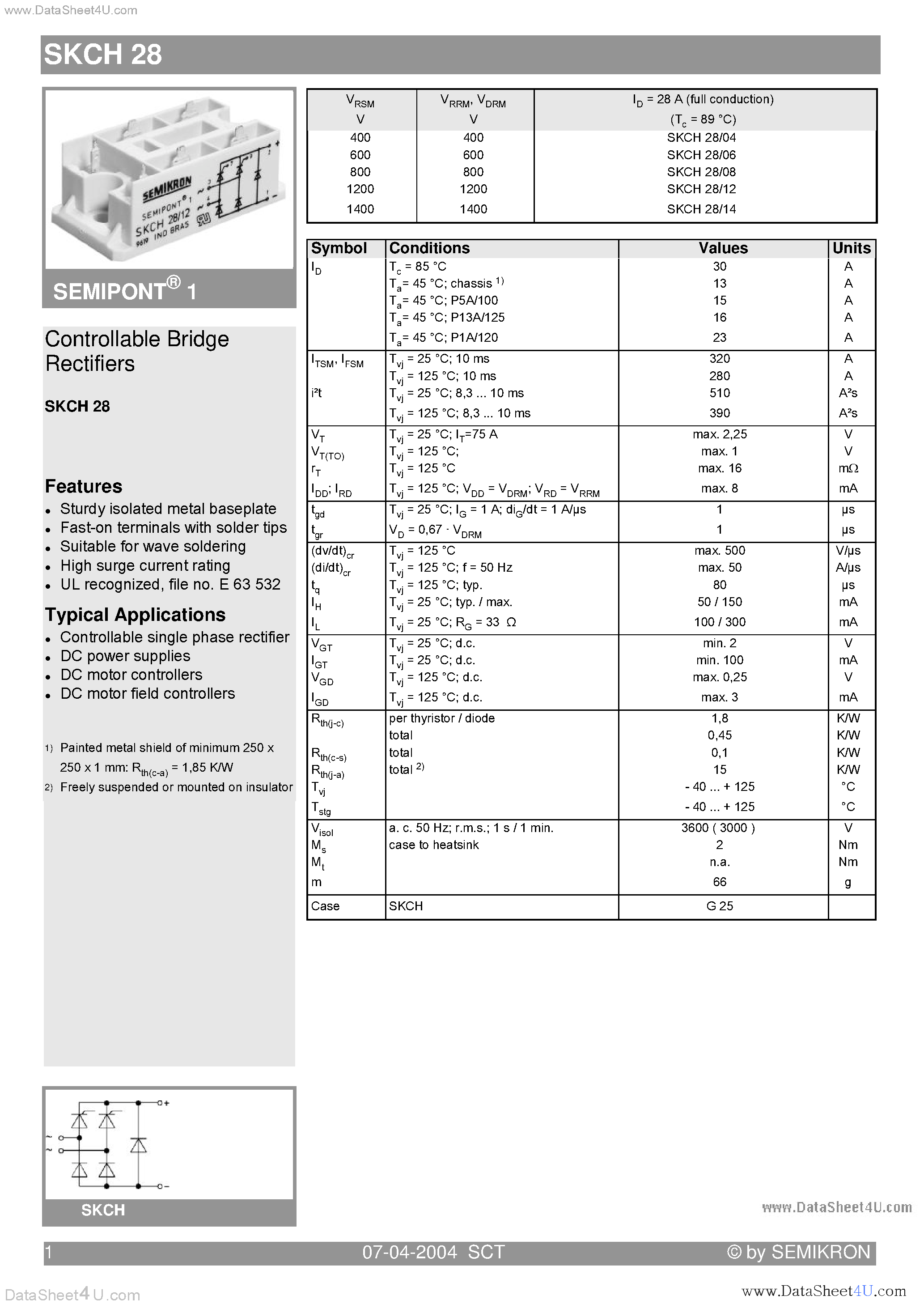 Datasheet SKCH28 - Controllable Bridge Rectifiers page 1
