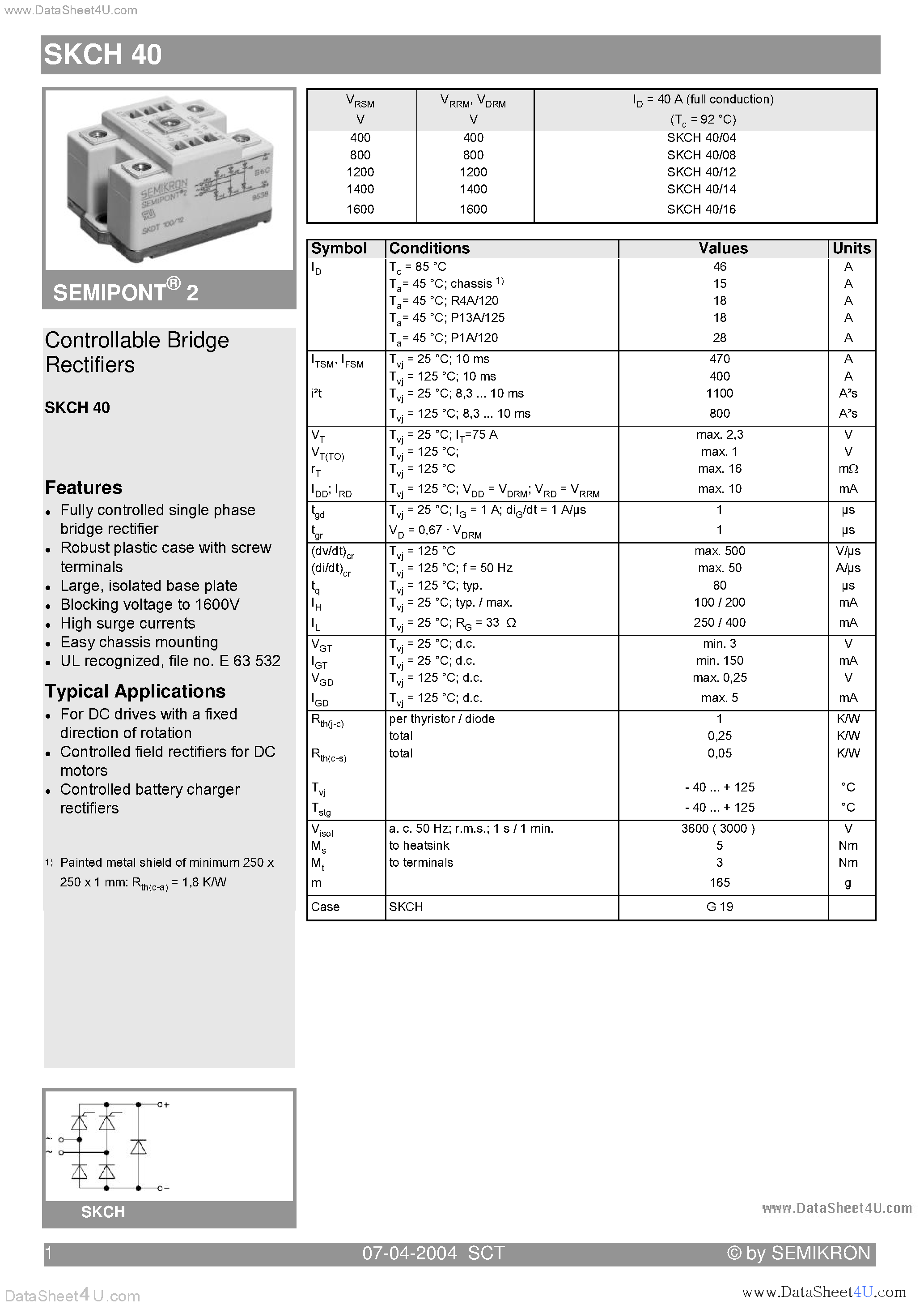 Datasheet SKCH40 - Controllable Bridge Rectifiers page 1