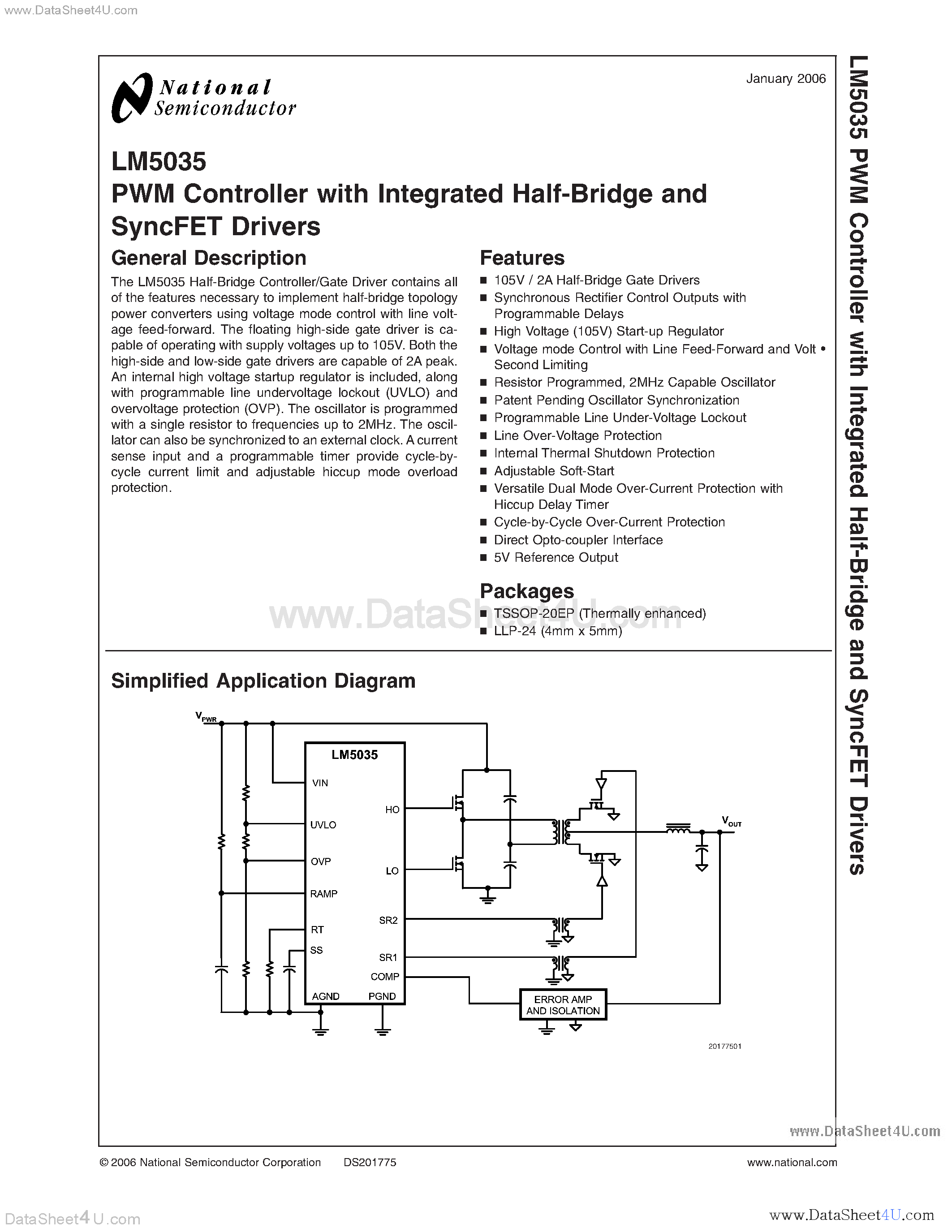 Даташит на микросхему LM5035 страница 1 Даташит LM5035 - PWM Controller with Integrated Half-Bridge and SyncFET Drivers страница 1