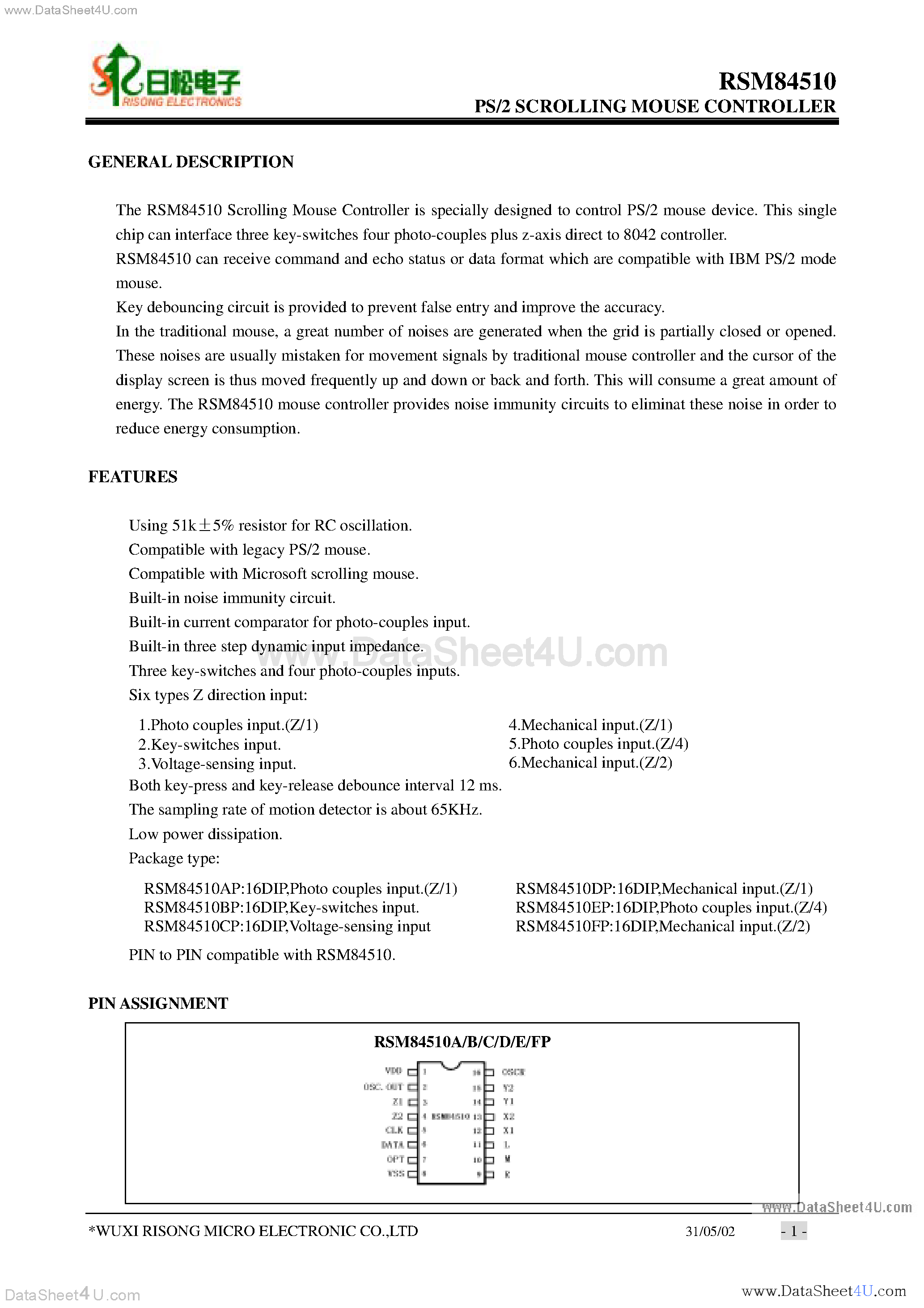 Datasheet RSM84510 page 1 Datasheet RSM84510 - PS/2 Scrolling Mouse Controller page 1