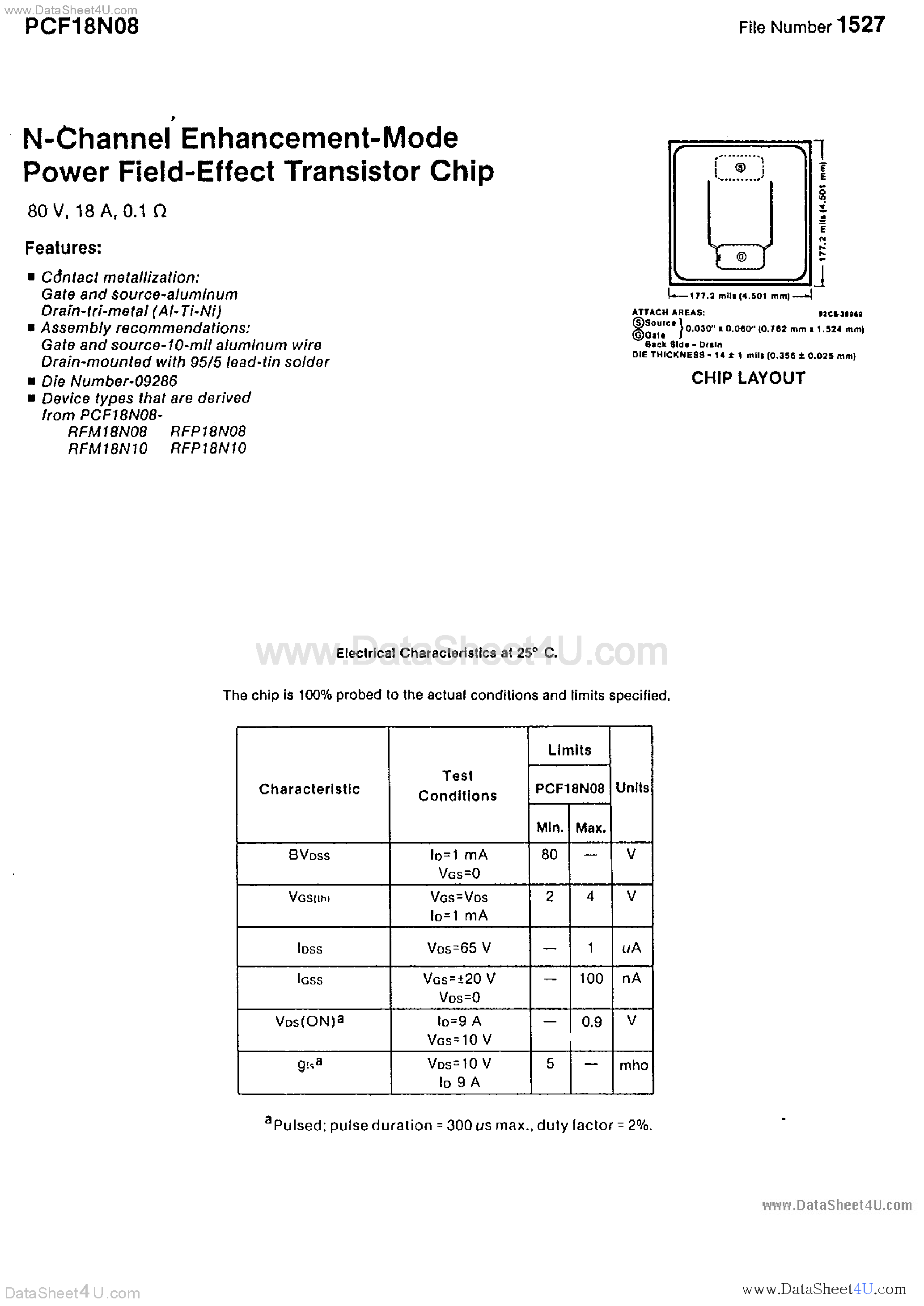 Datasheet PCF18N08 - N-Channel Enhancement Mode Power Field Effect Transistor Chip page 1
