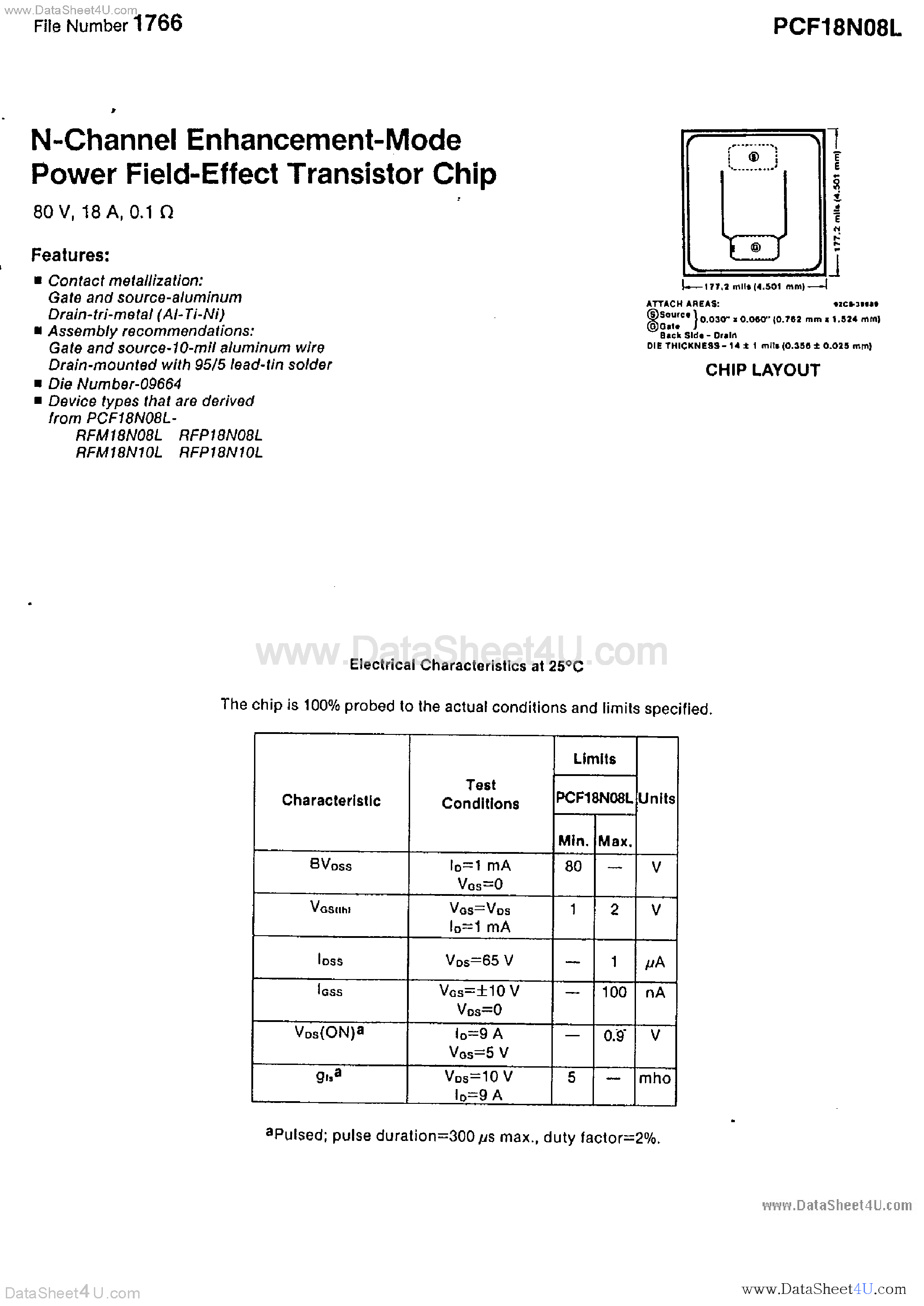 Datasheet PCF18N08L - N-Channel Enhancement Mode Power Field Effect Transistor Chip page 1