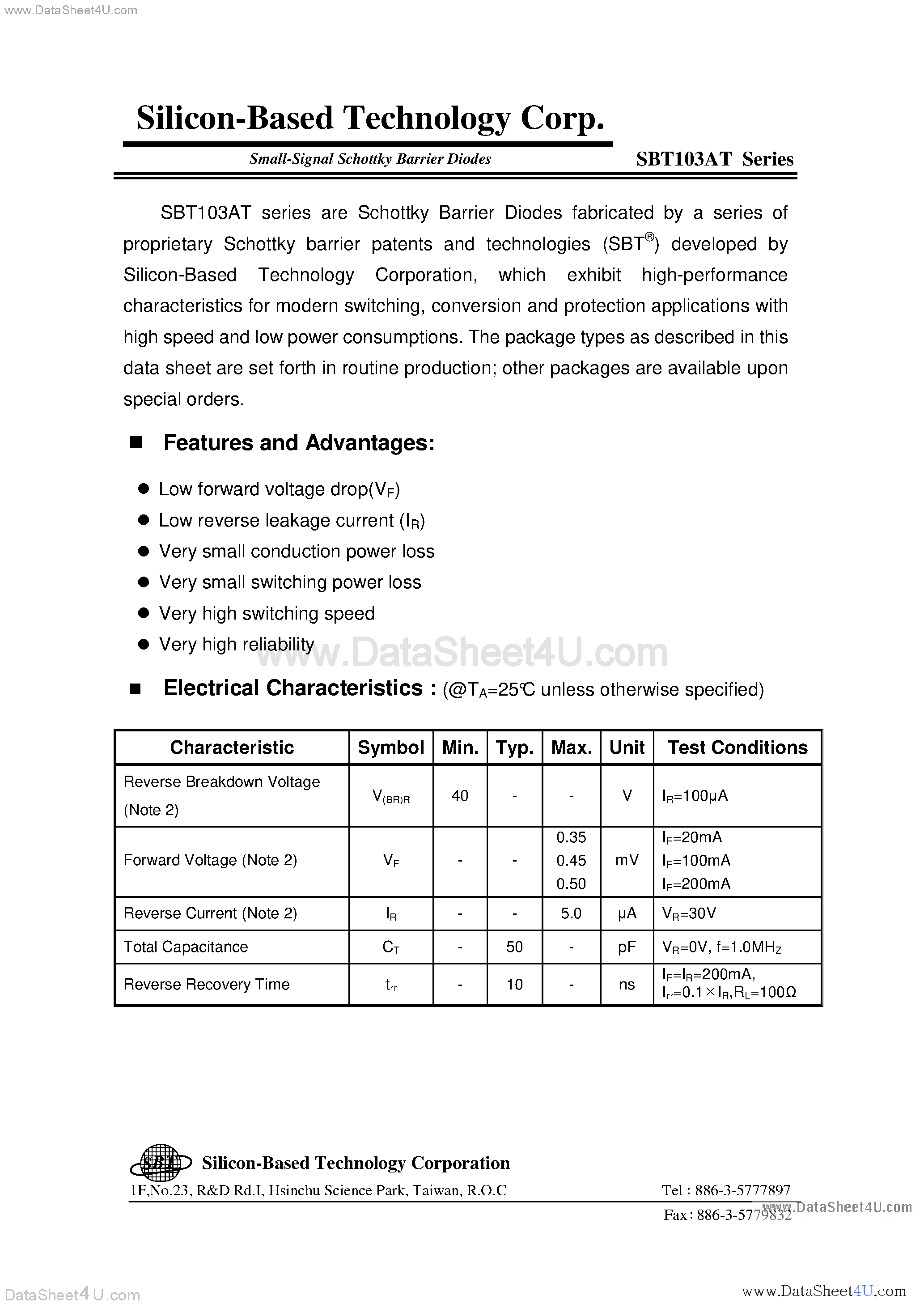Даташит на микросхему SBT103AT страница 1 Даташит SBT103AT - Small Signal Schottky Barrier Diodes страница 1