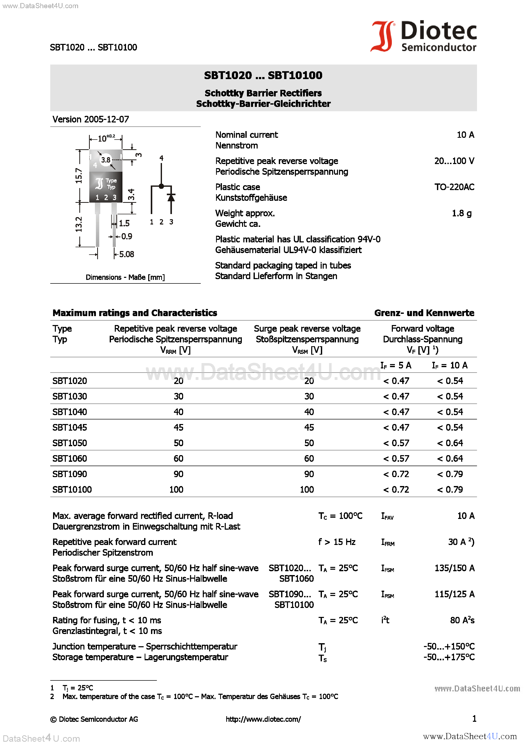 Datasheet SBT10100 page 1 Datasheet SBT10100 - (SBT1020 - SBT10100) Schottky Barrier Rectifiers page 1