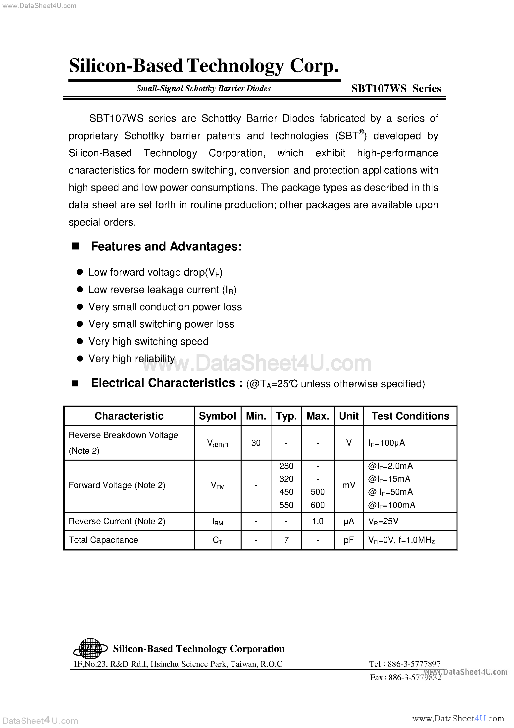 Даташит на микросхему SBT107WS страница 1 Даташит SBT107WS - Small Signal Schottky Barrier Diodes страница 1