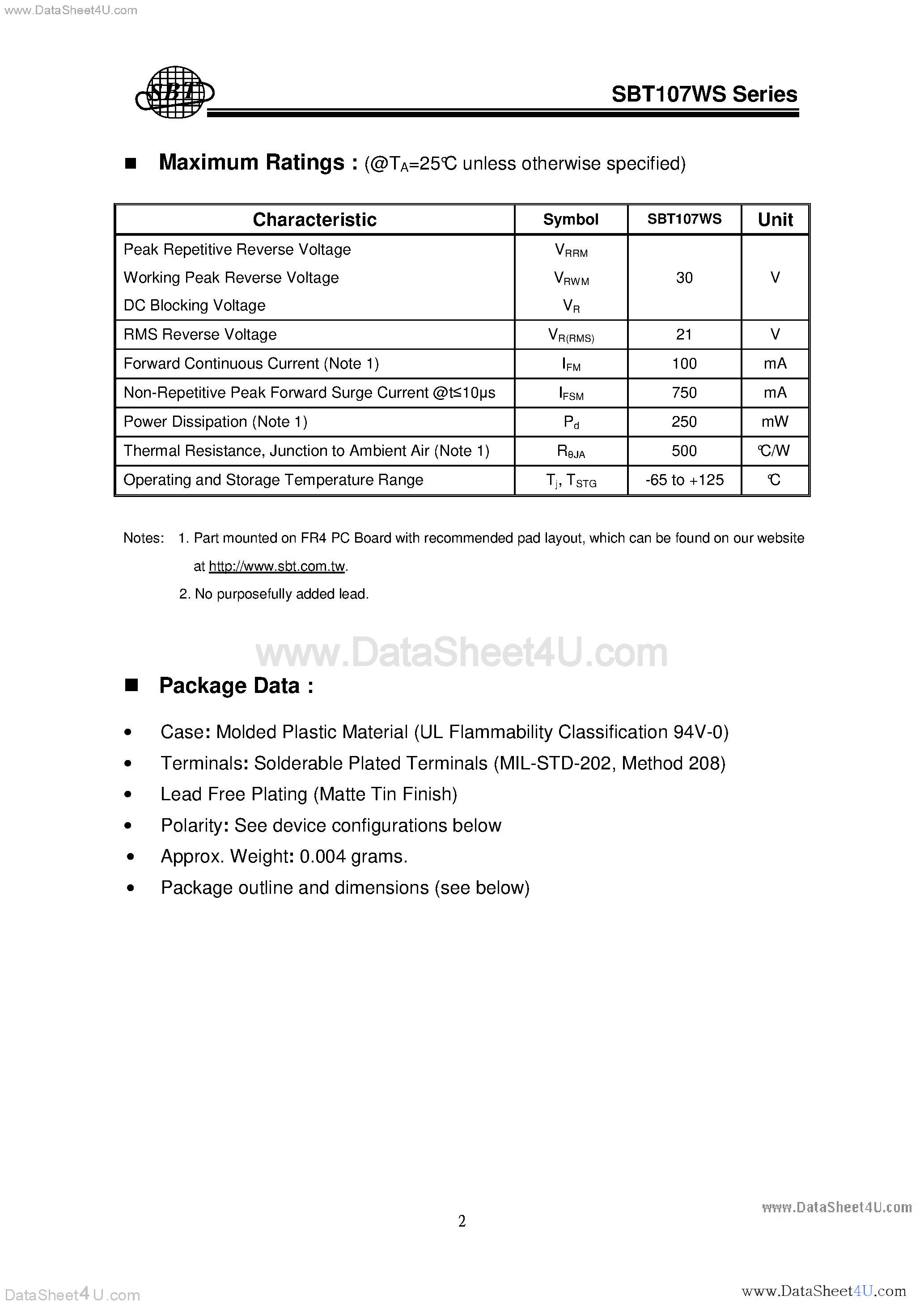 Даташит на микросхему SBT107WS страница 2 Даташит SBT107WS - Small Signal Schottky Barrier Diodes страница 2
