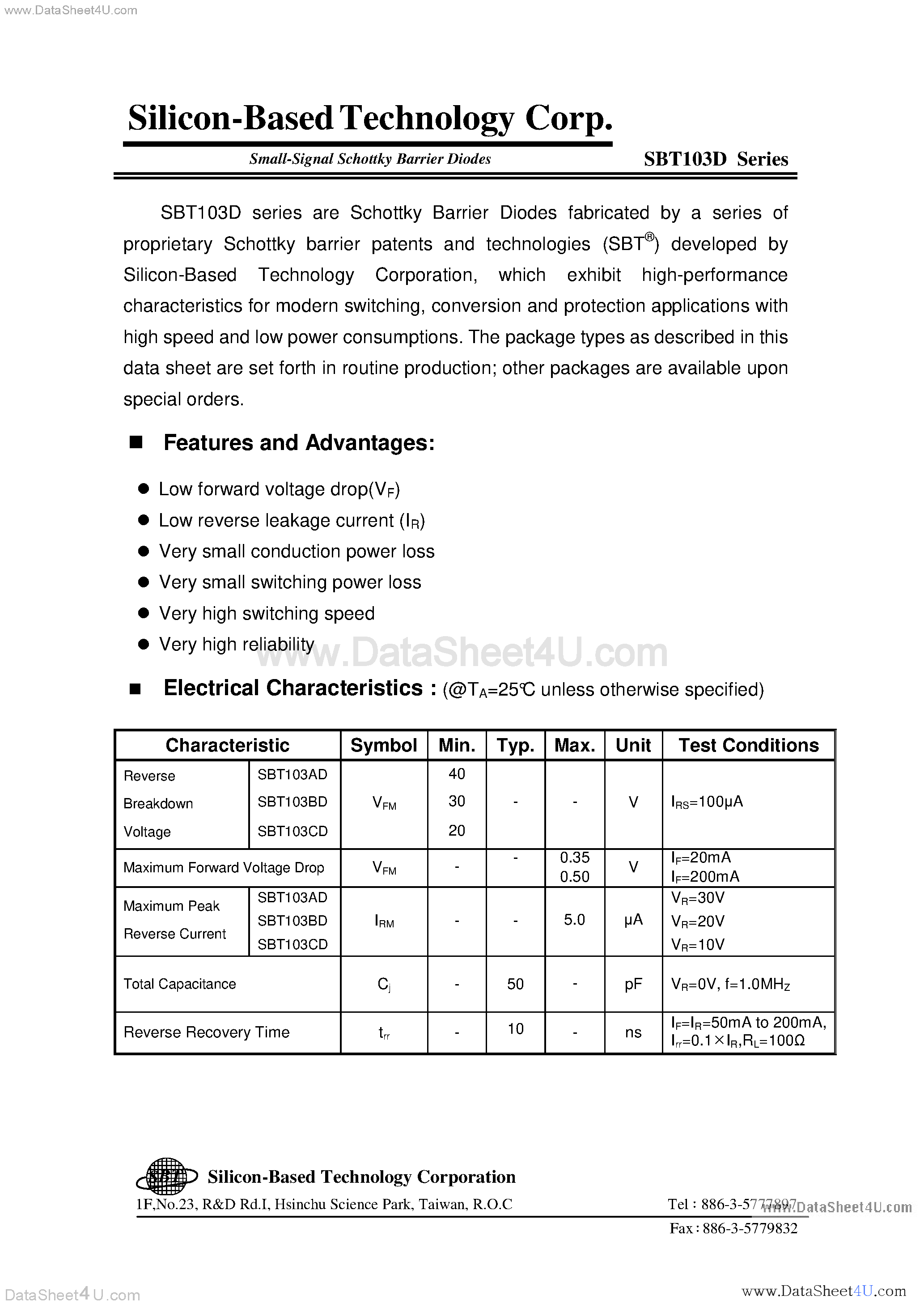 Даташит SBT103AD - Small Signal Schottky Barrier Diodes страница 1