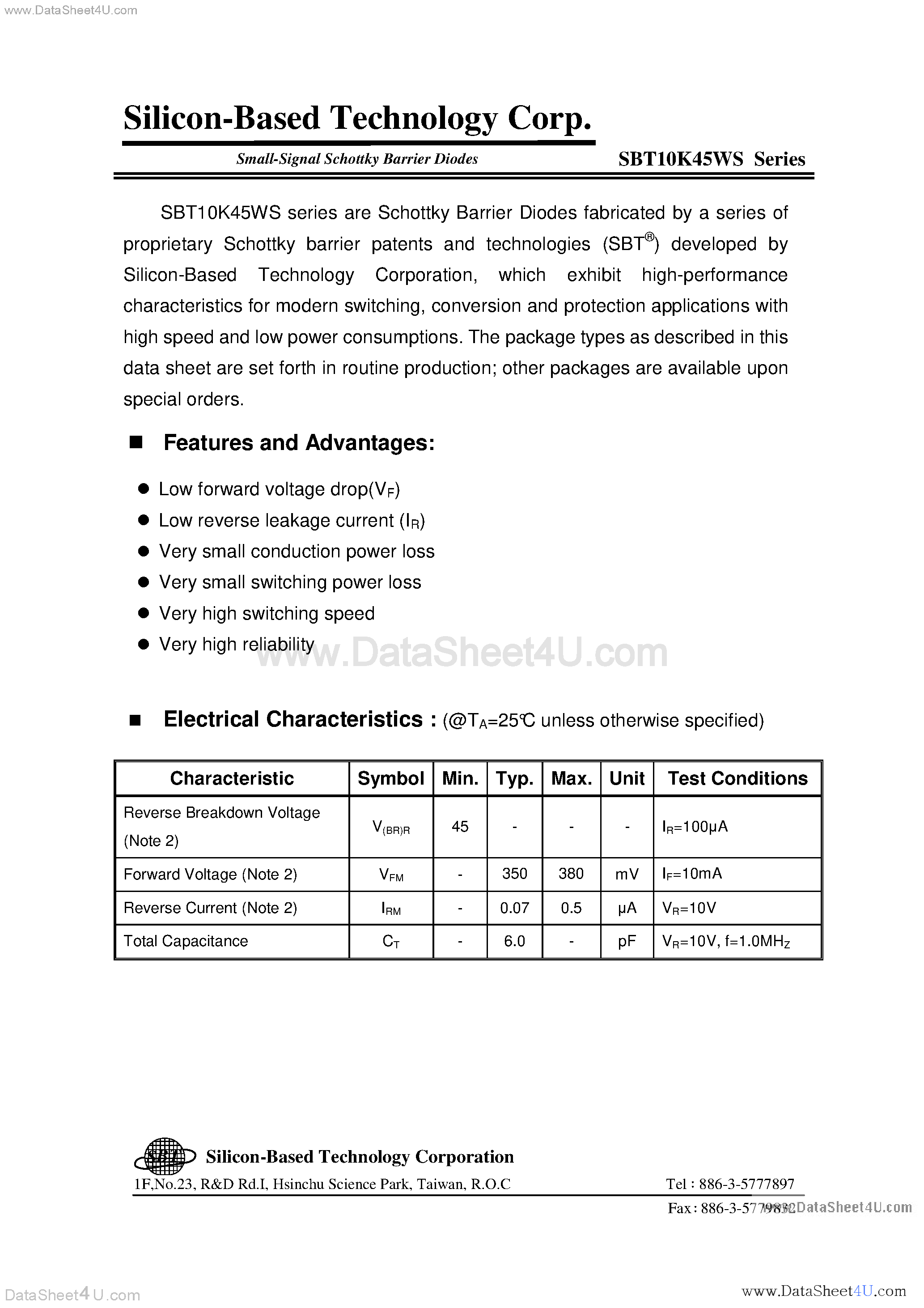 Даташит SBT10K45WS - Small Signal Schottky Barrier Diodes страница 1