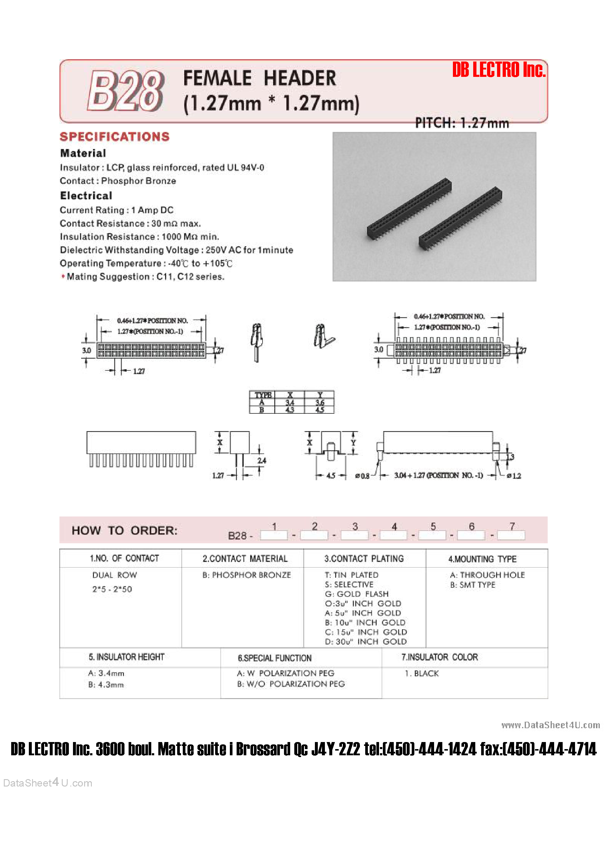 Datasheet B28 page 1 Datasheet B28 - FEMALE HEADER (1.27mm X 1.27mm) page 1
