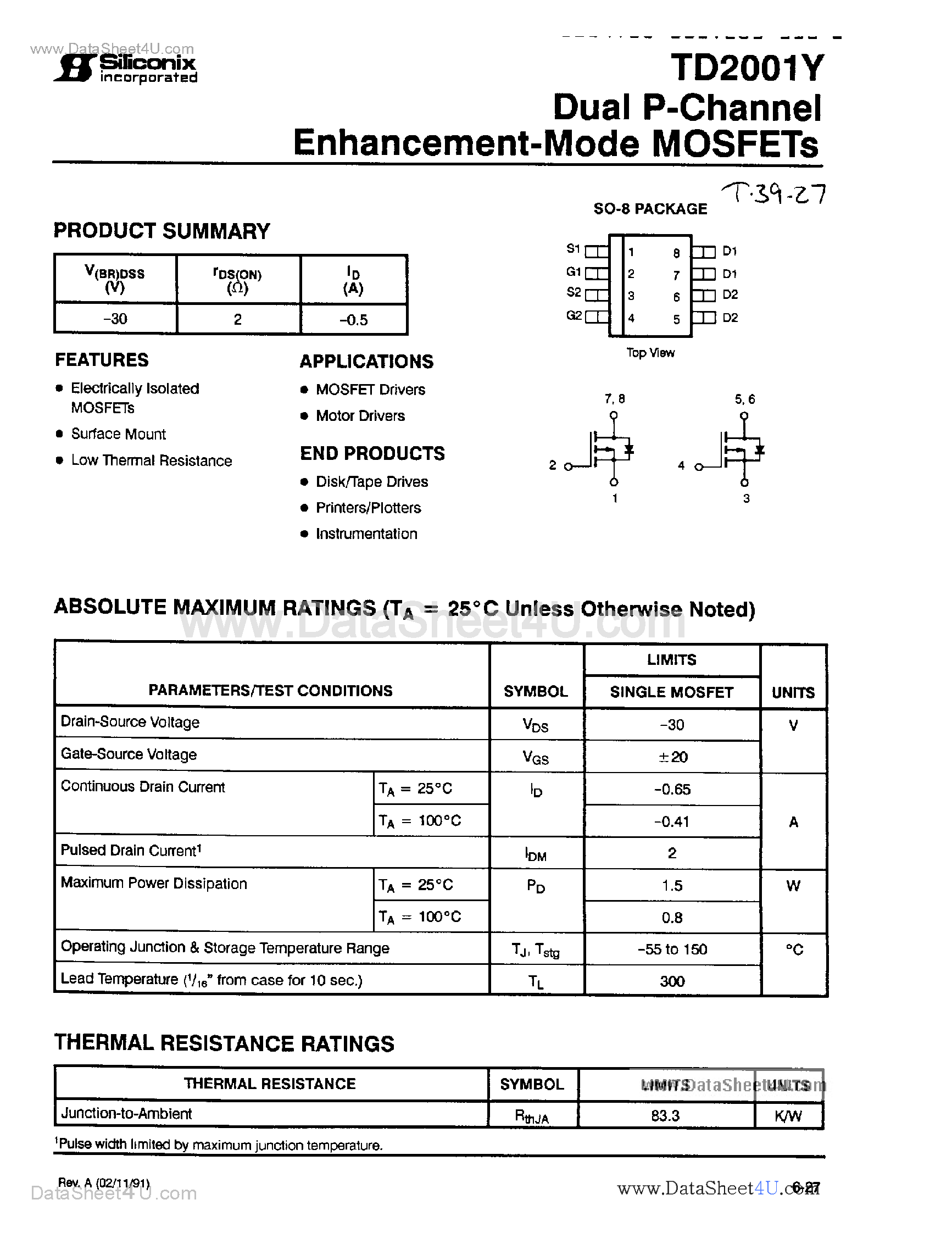 Даташит на микросхему TD2001Y страница 1 Даташит TD2001Y - Dual P-Channel Enhancement Mode MOSFETs страница 1