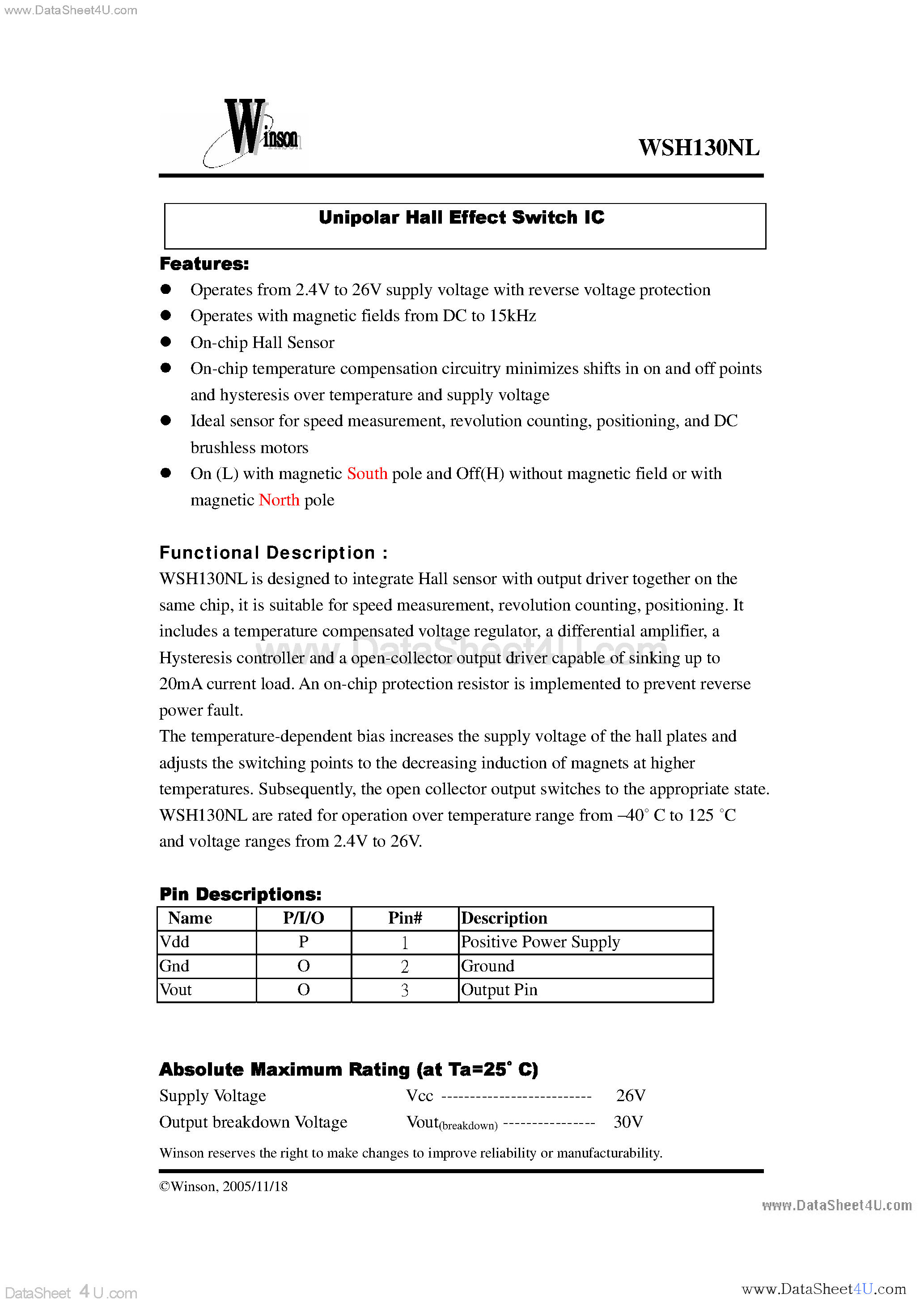 Datasheet WSH130NL - Unipolar Hall Effect Switch IC page 1