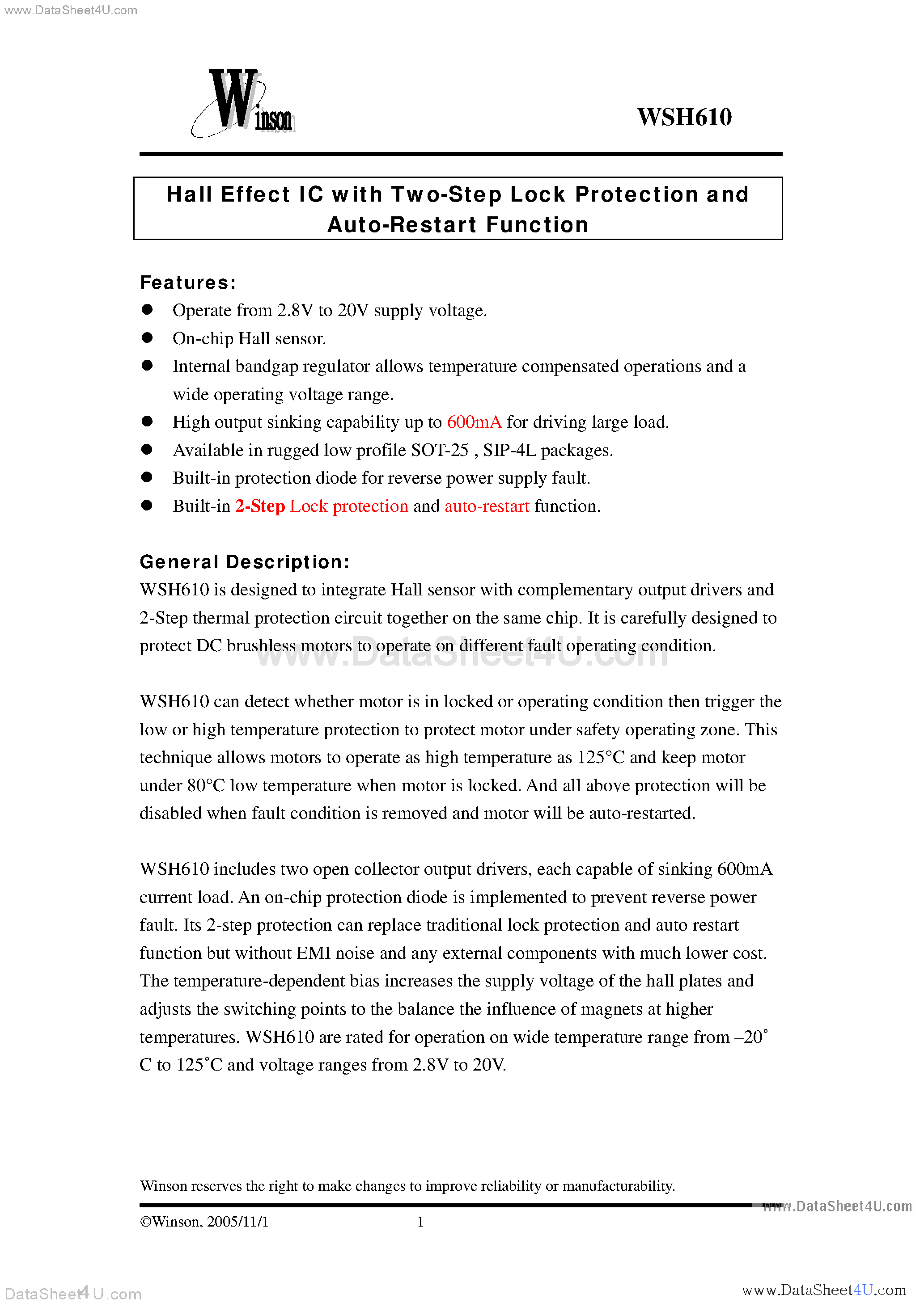 Datasheet WSH610 page 1 Datasheet WSH610 - Hall Effect IC with Two-Step Lock Protection and Auto-Restart Function page 1