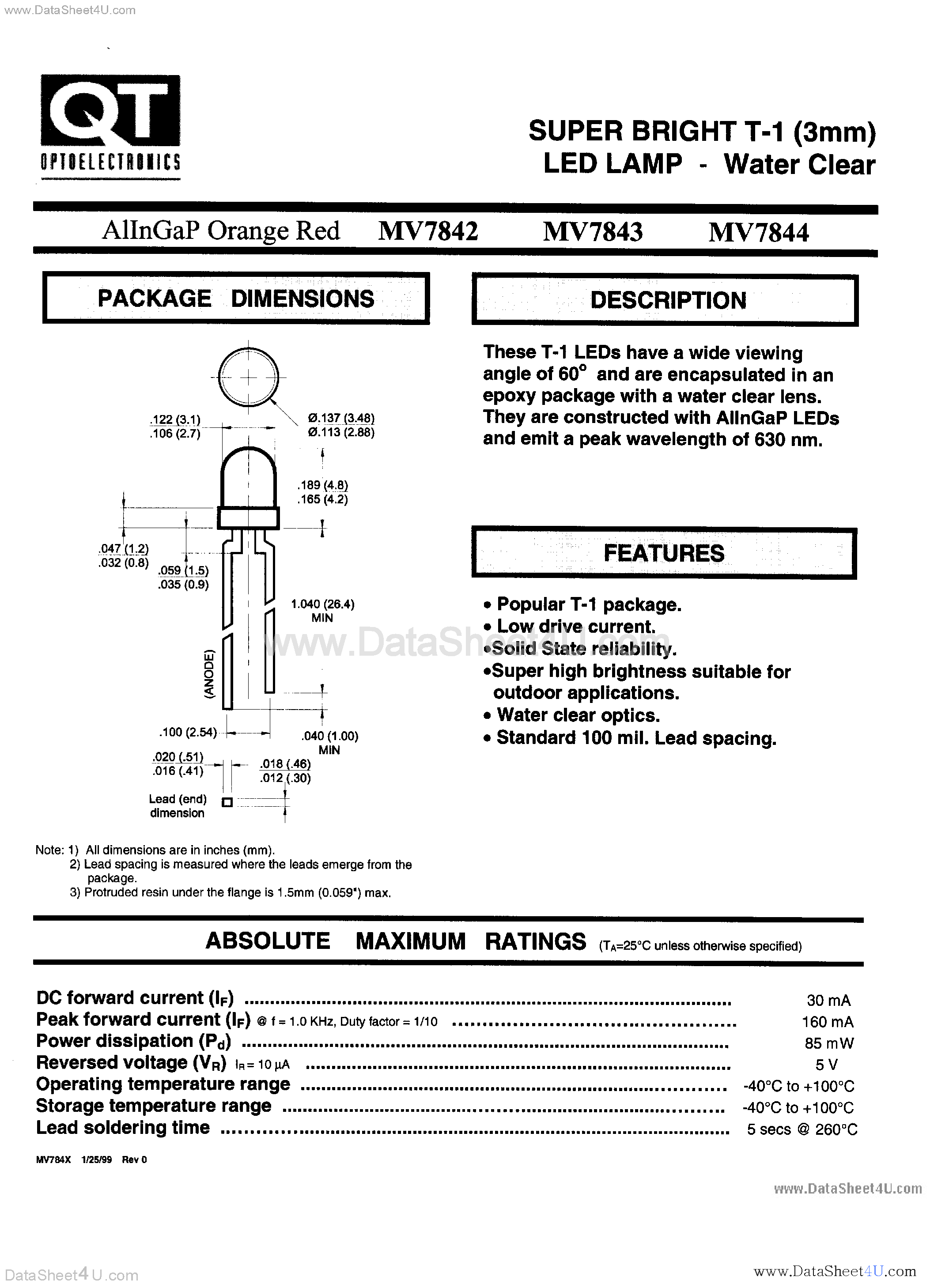 Даташит на микросхему MV7842 страница 1 Даташит MV7842 - (MV7842 - MV7844) SUPER BRIGHT T-1 (3mm) LED LAMP - WATER CLEAR страница 1