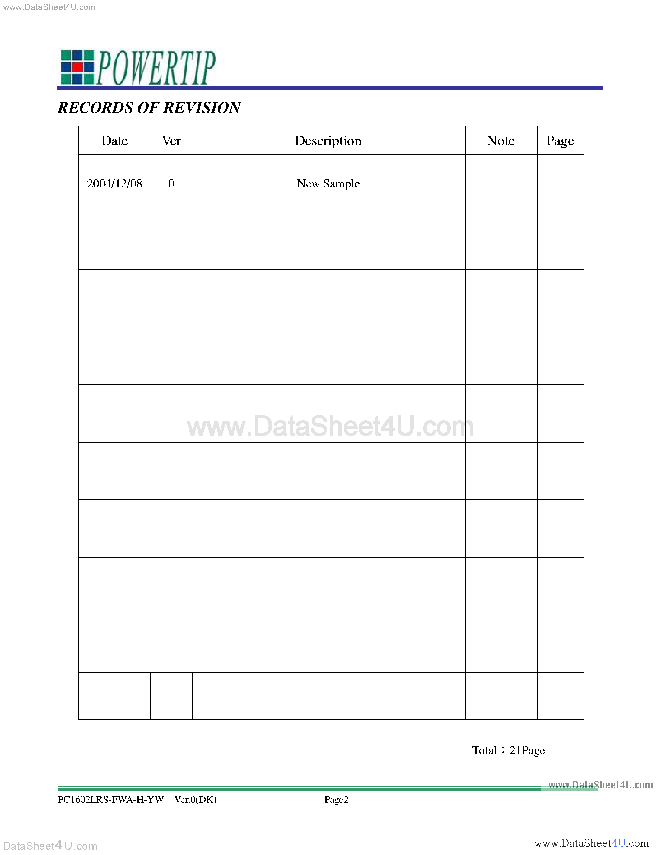 Даташит на микросхему PC1602LRS-FWA-H-YW страница 2 Даташит PC1602LRS-FWA-H-YW - LCD Module страница 2