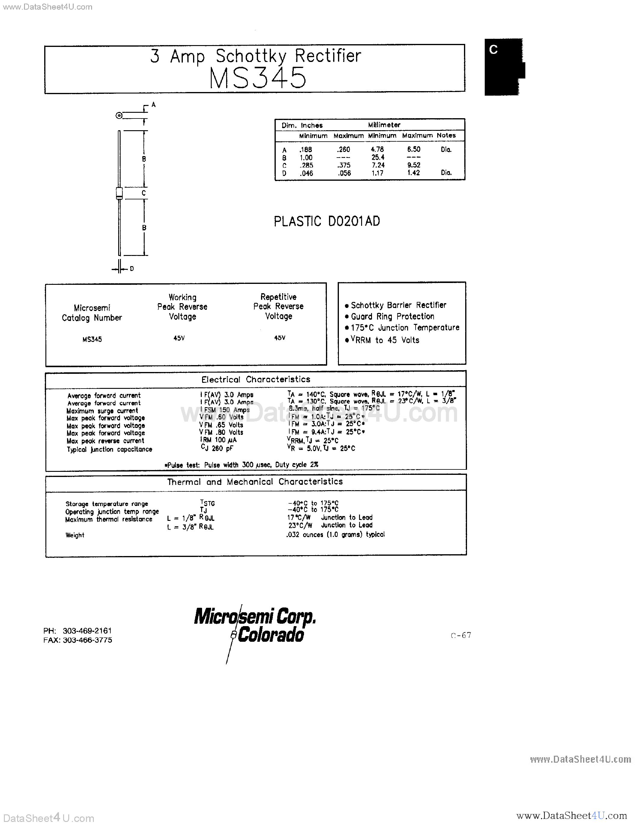 Даташит MS345 - 3 AMP SCHOTTKY RECTIFIER страница 1