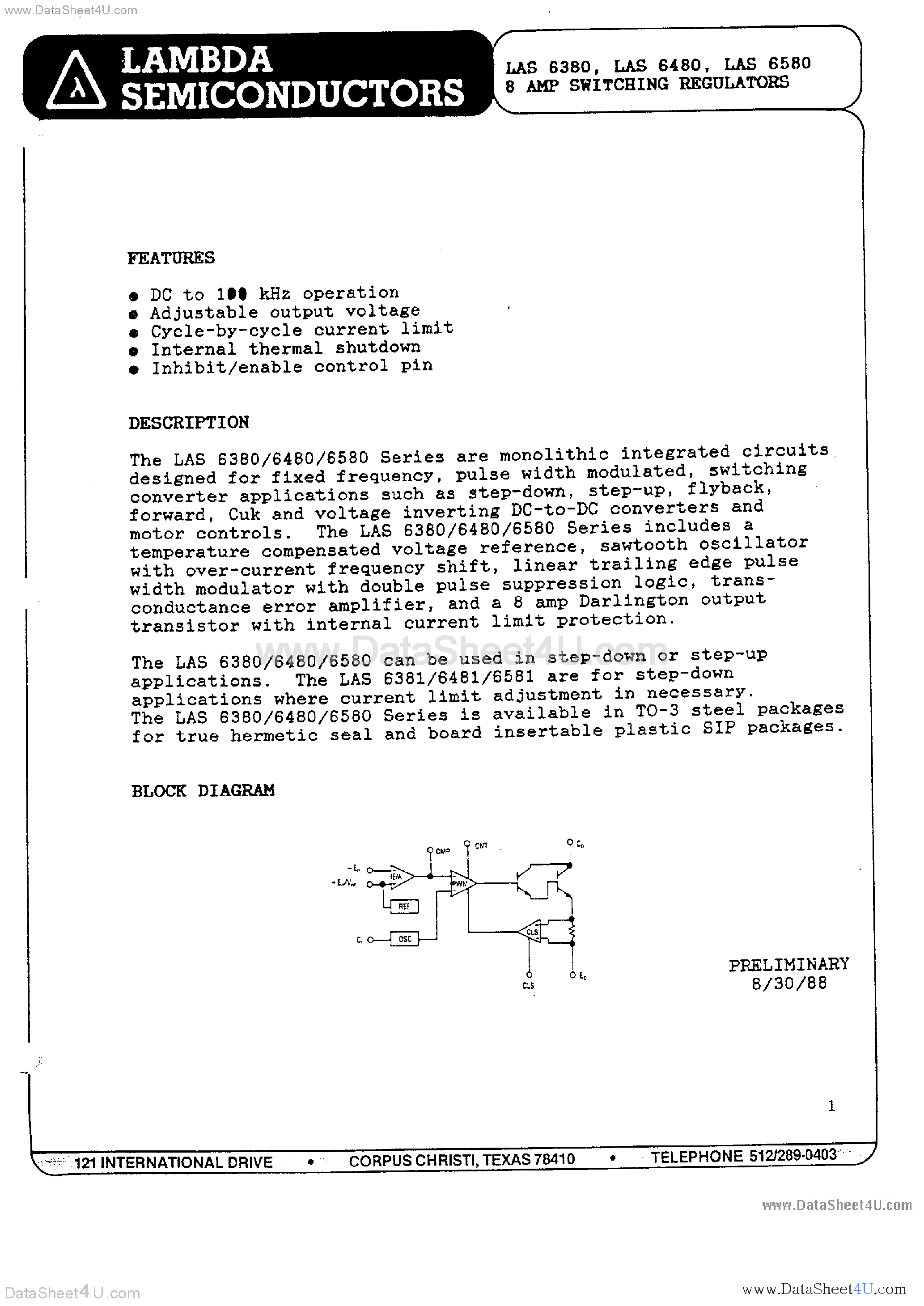 Datasheet LAS6380 page 1 Datasheet LAS6380 - (LAS6380 - LAS6580) 8 Amp Switching Regulators page 1