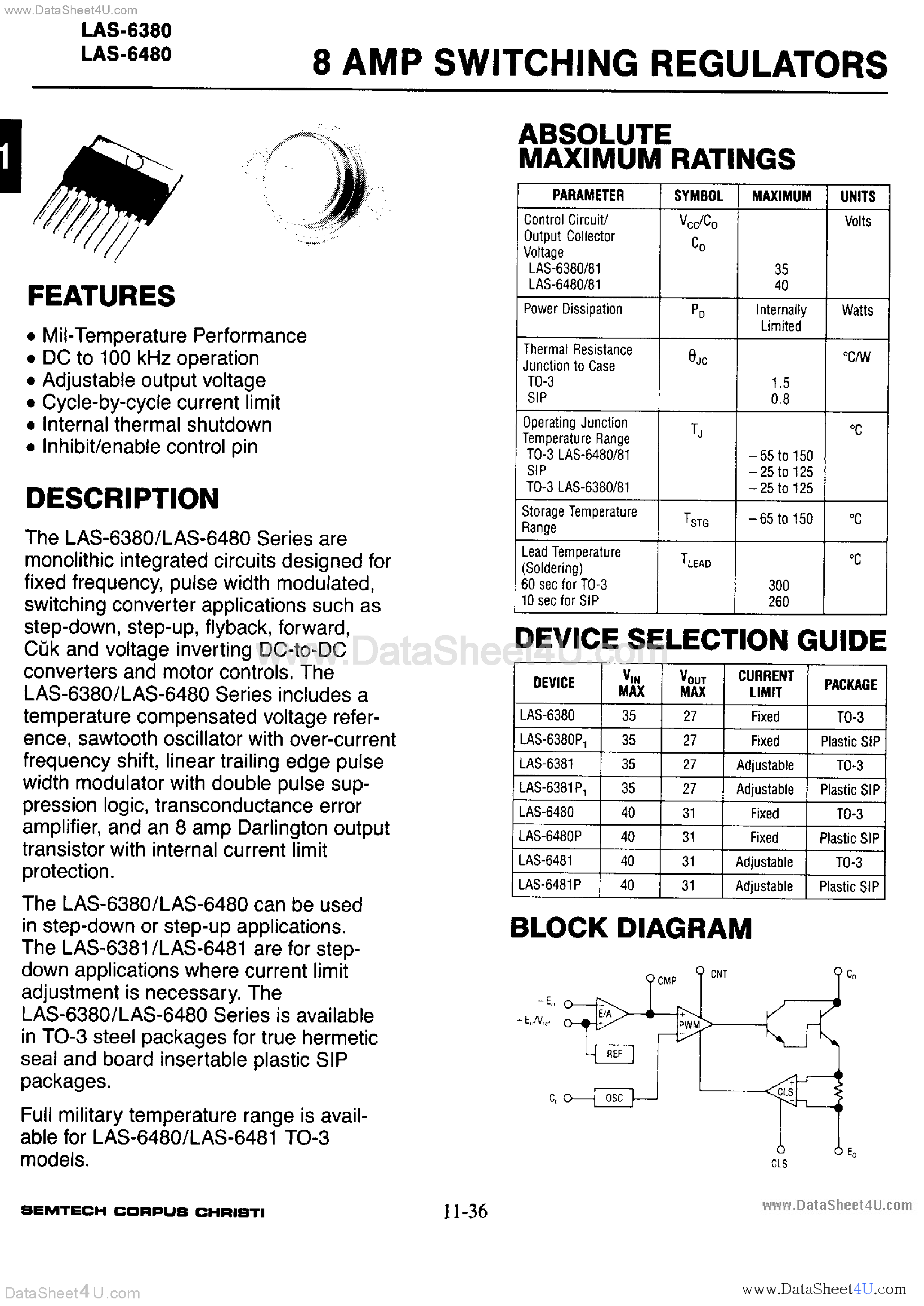 Datasheet LAS-6380 page 1 Datasheet LAS-6380 - (LAS6380 / LAS6480) 8 Amp Switching Regulators page 1