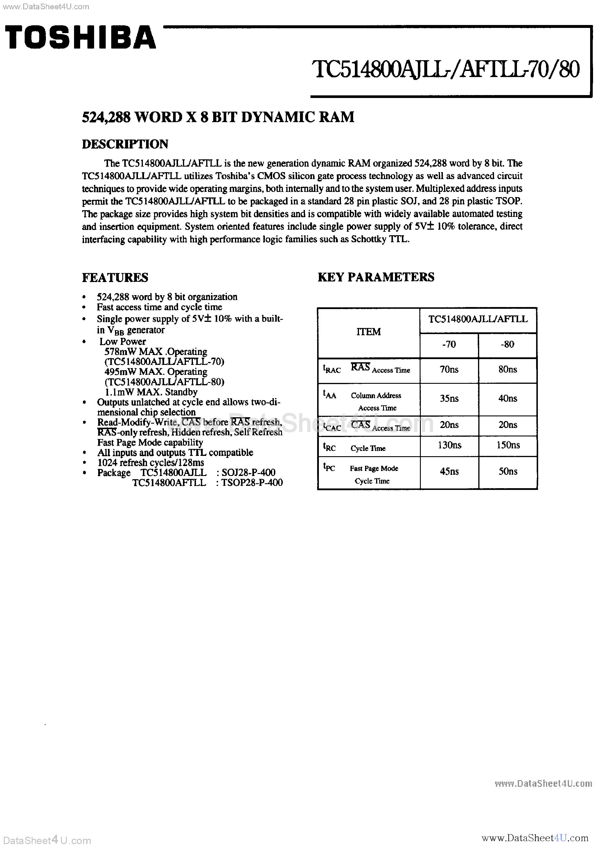 Datasheet TC514800AFTLL page 1 Datasheet TC514800AFTLL - (TC514800Axx) DRAM page 1