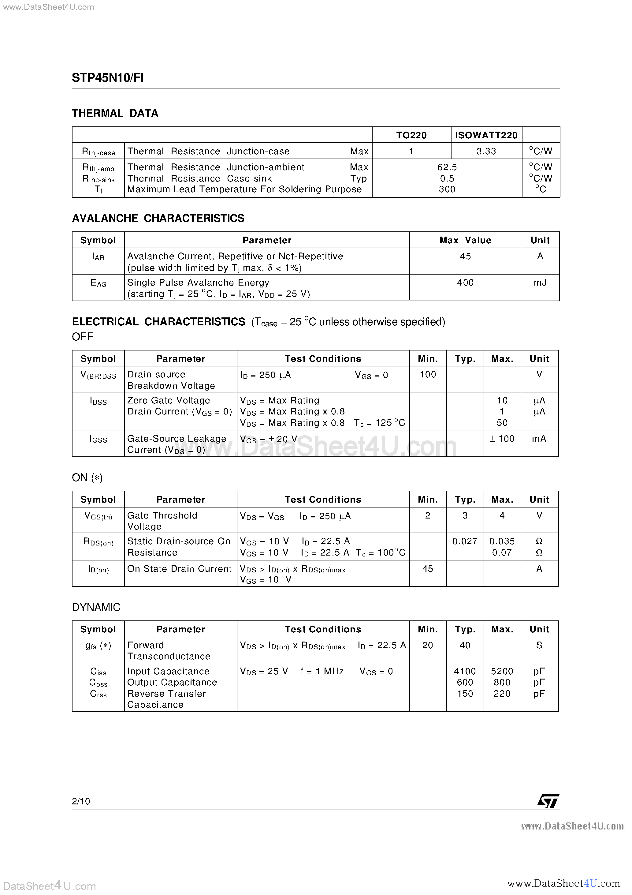 Datasheet STP45N10 - N-Channel Power MOS Transistor page 2