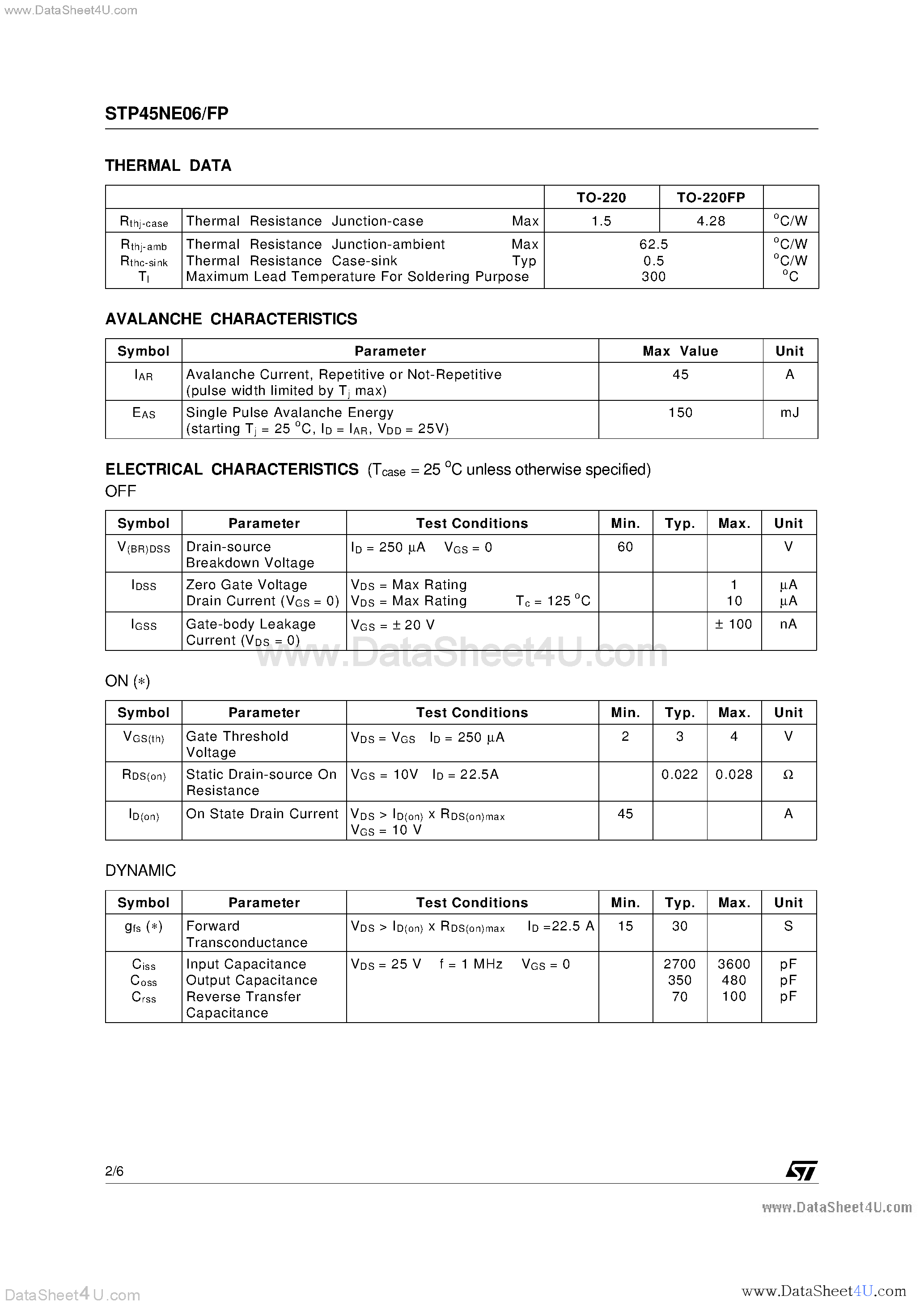 Datasheet STP45NE06 - N-Channel POWER MOSFET page 2